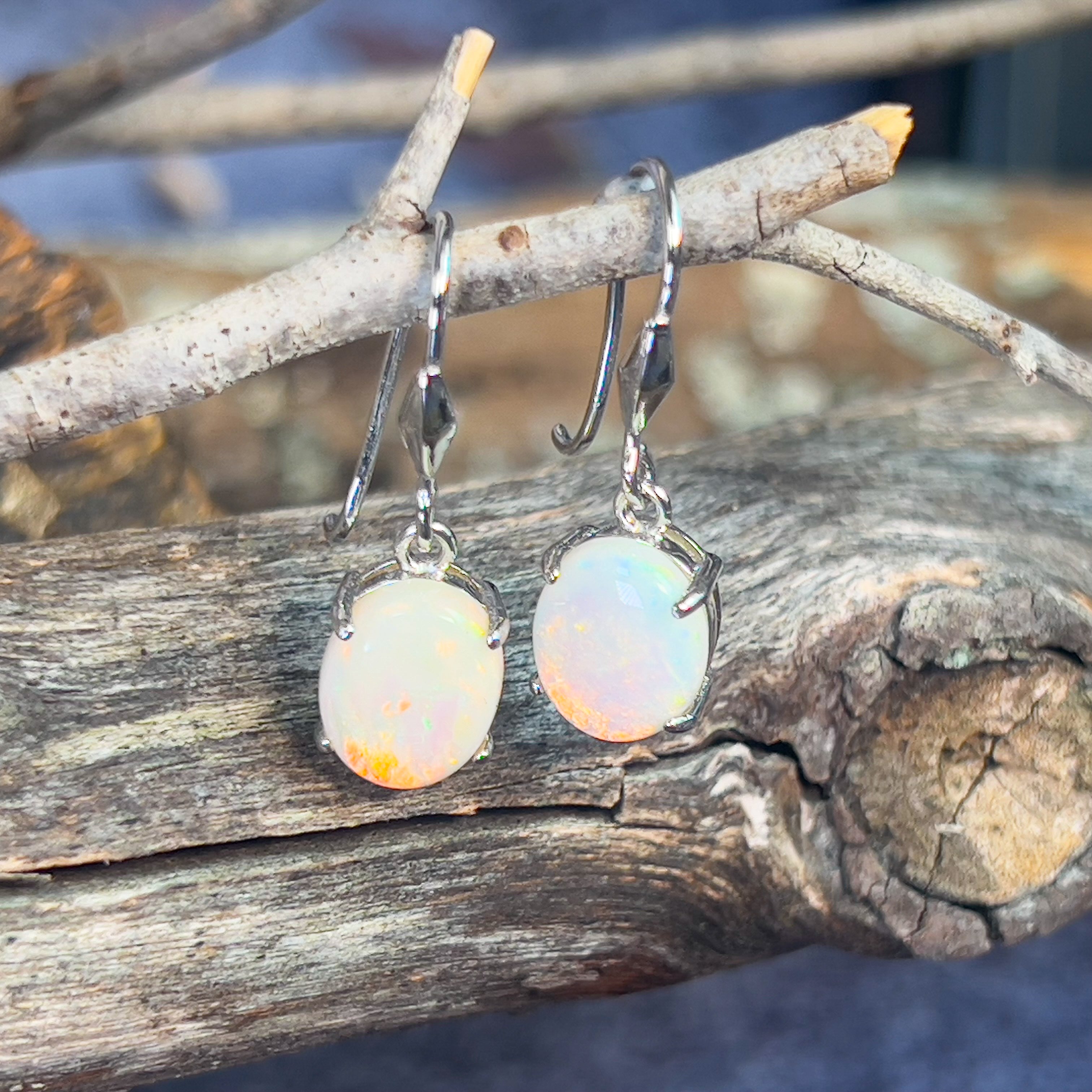 Sterling Silver dangling 10x8mm White Opal earrings - Masterpiece Jewellery Opal & Gems Sydney Australia | Online Shop