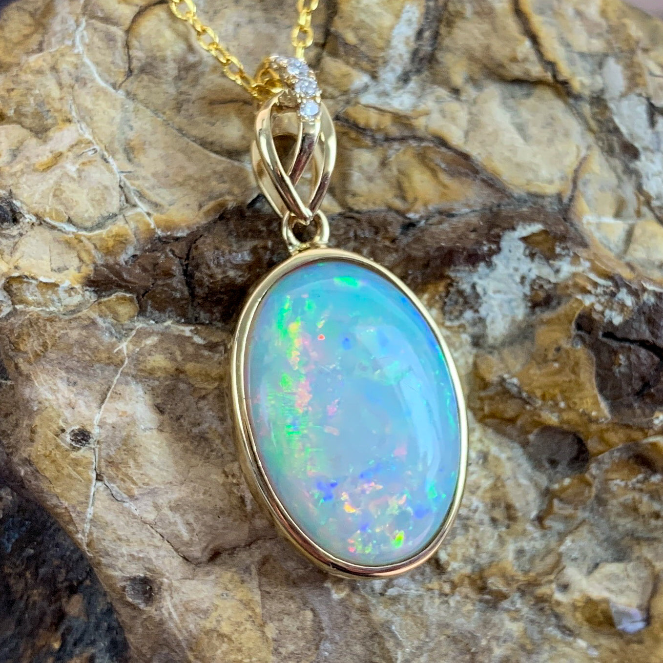 14kt Yellow Gold pendant White Opal and Diamond - Masterpiece Jewellery Opal & Gems Sydney Australia | Online Shop