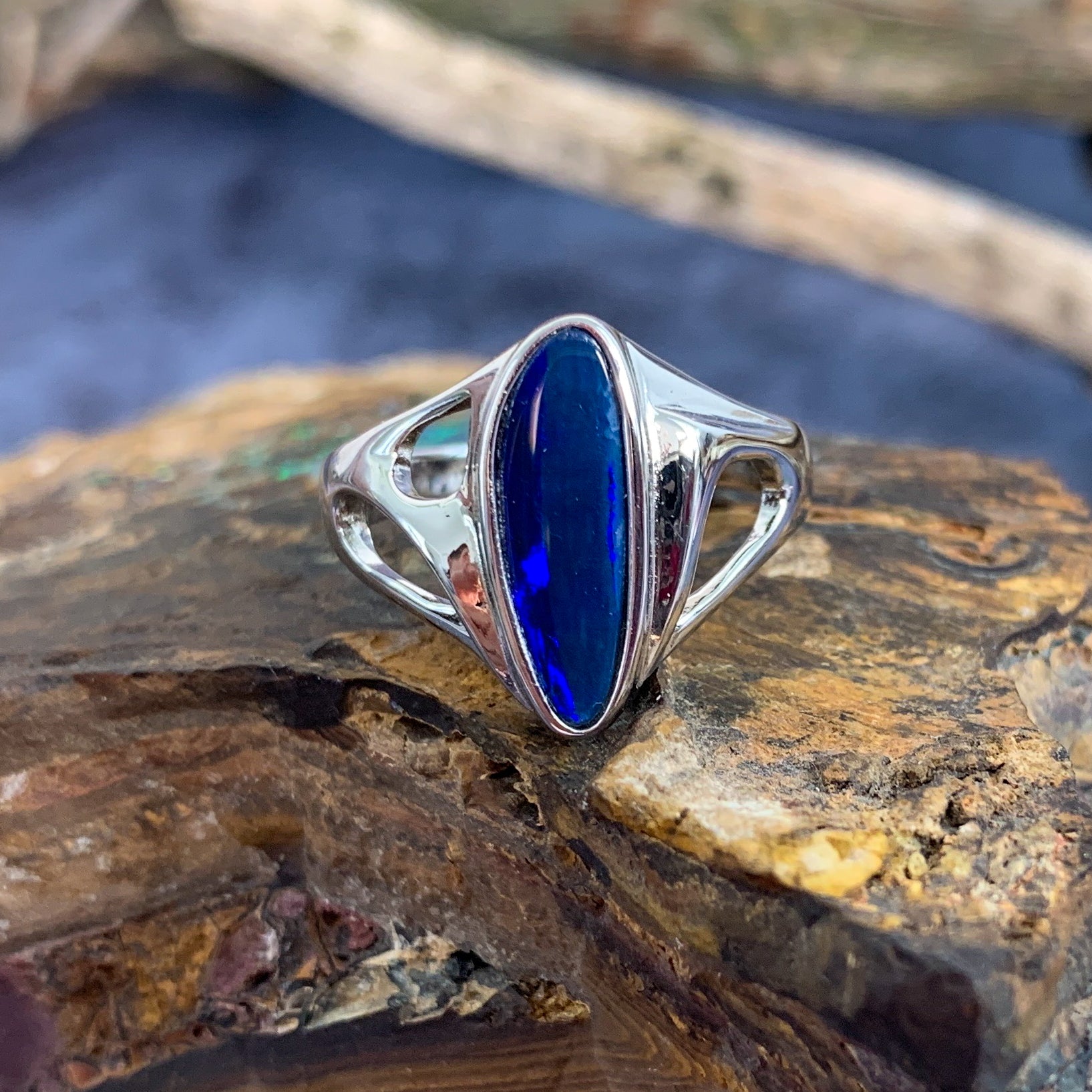 Sterling Silver patterned Blue Opal doublet ring - Masterpiece Jewellery Opal & Gems Sydney Australia | Online Shop