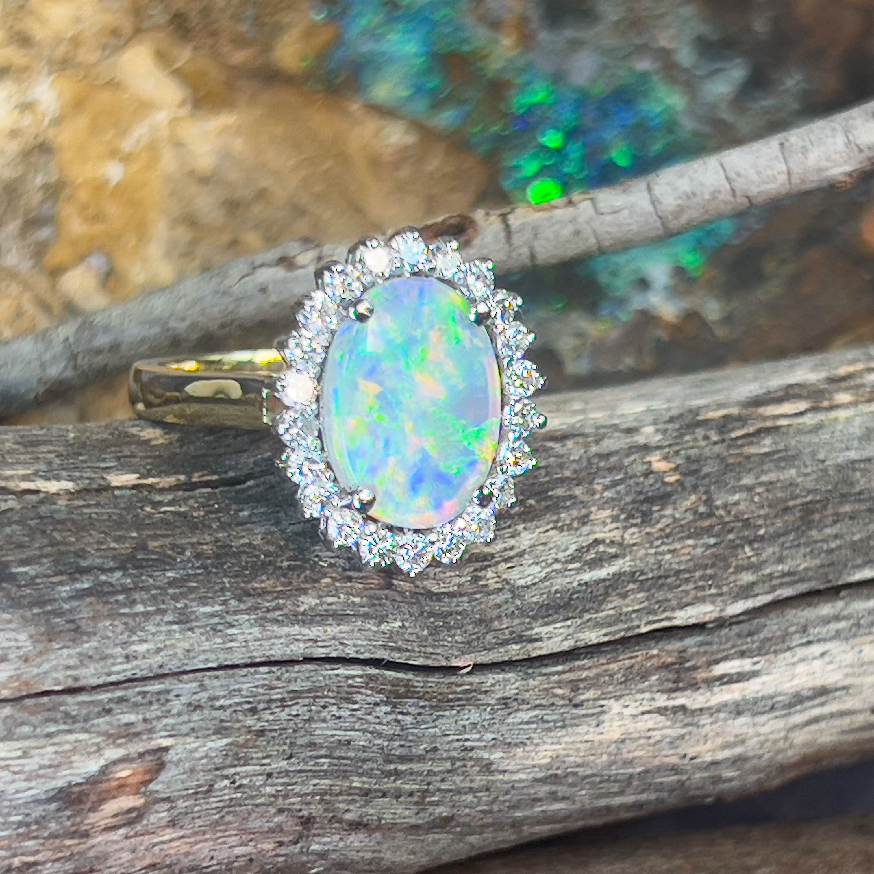 Platinum and 18kt Yellow Gold classic cluster ring with Black Opal and Diamonds - Masterpiece Jewellery Opal & Gems Sydney Australia | Online Shop