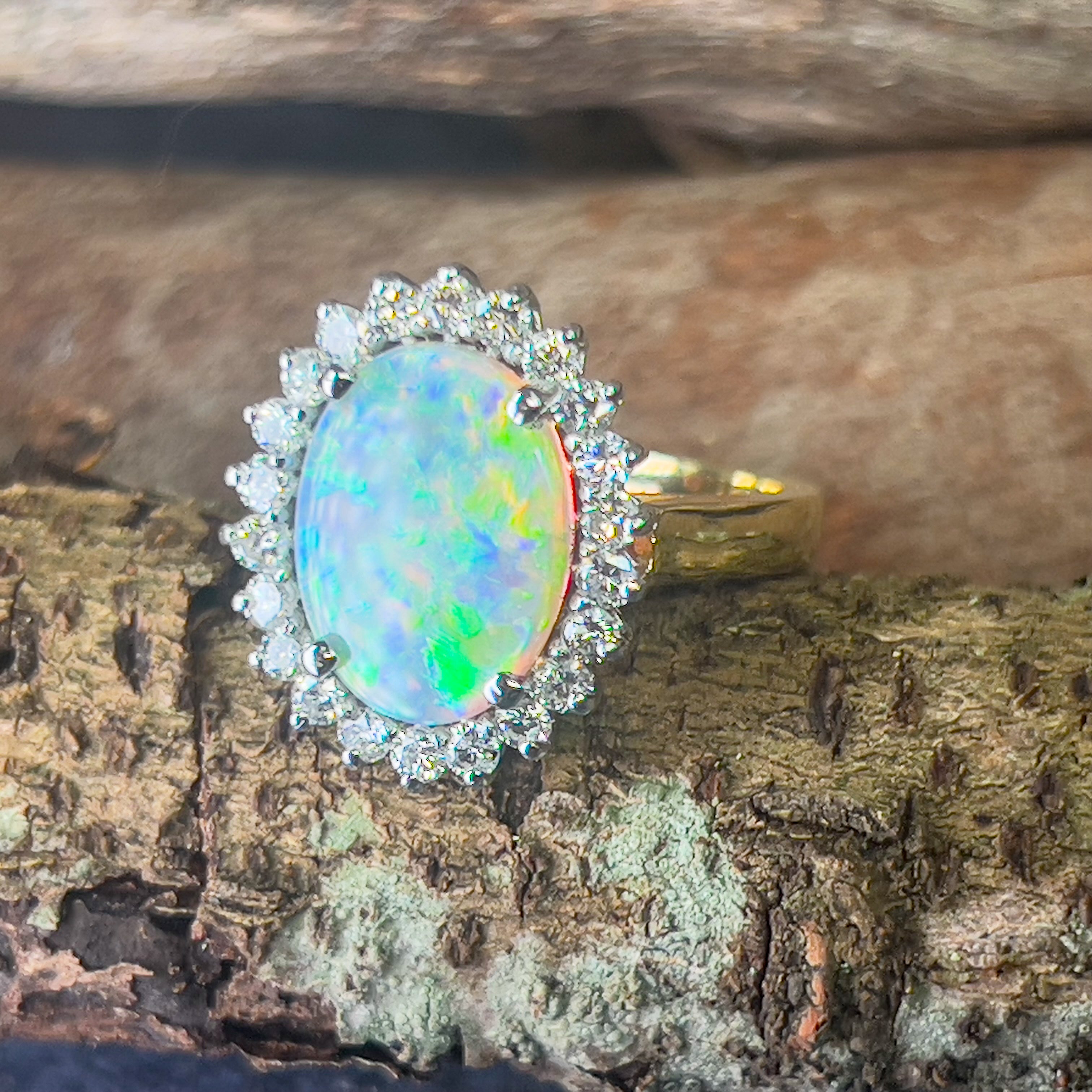 Platinum and 18kt Yellow Gold classic cluster ring with Black Opal and Diamonds - Masterpiece Jewellery Opal & Gems Sydney Australia | Online Shop