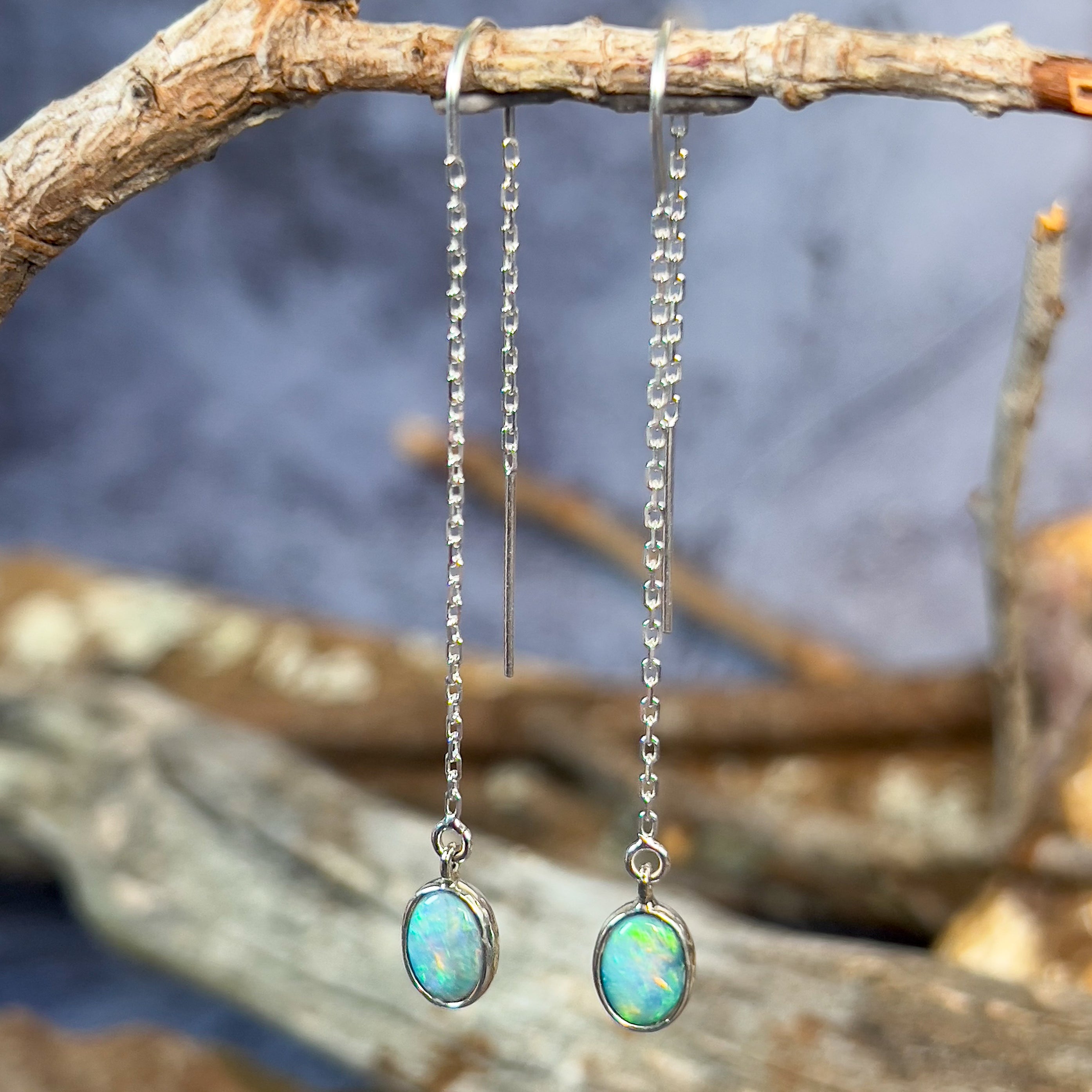 Sterling Silver thread through Opal dangling earrings - Masterpiece Jewellery Opal & Gems Sydney Australia | Online Shop