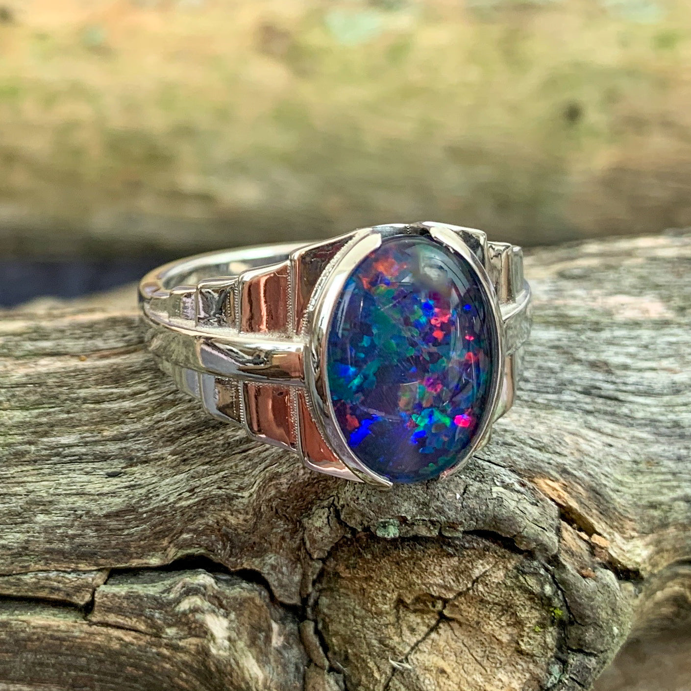 Sterling Silver stepped large ring 14x10mm Opal triplet - Masterpiece Jewellery Opal & Gems Sydney Australia | Online Shop