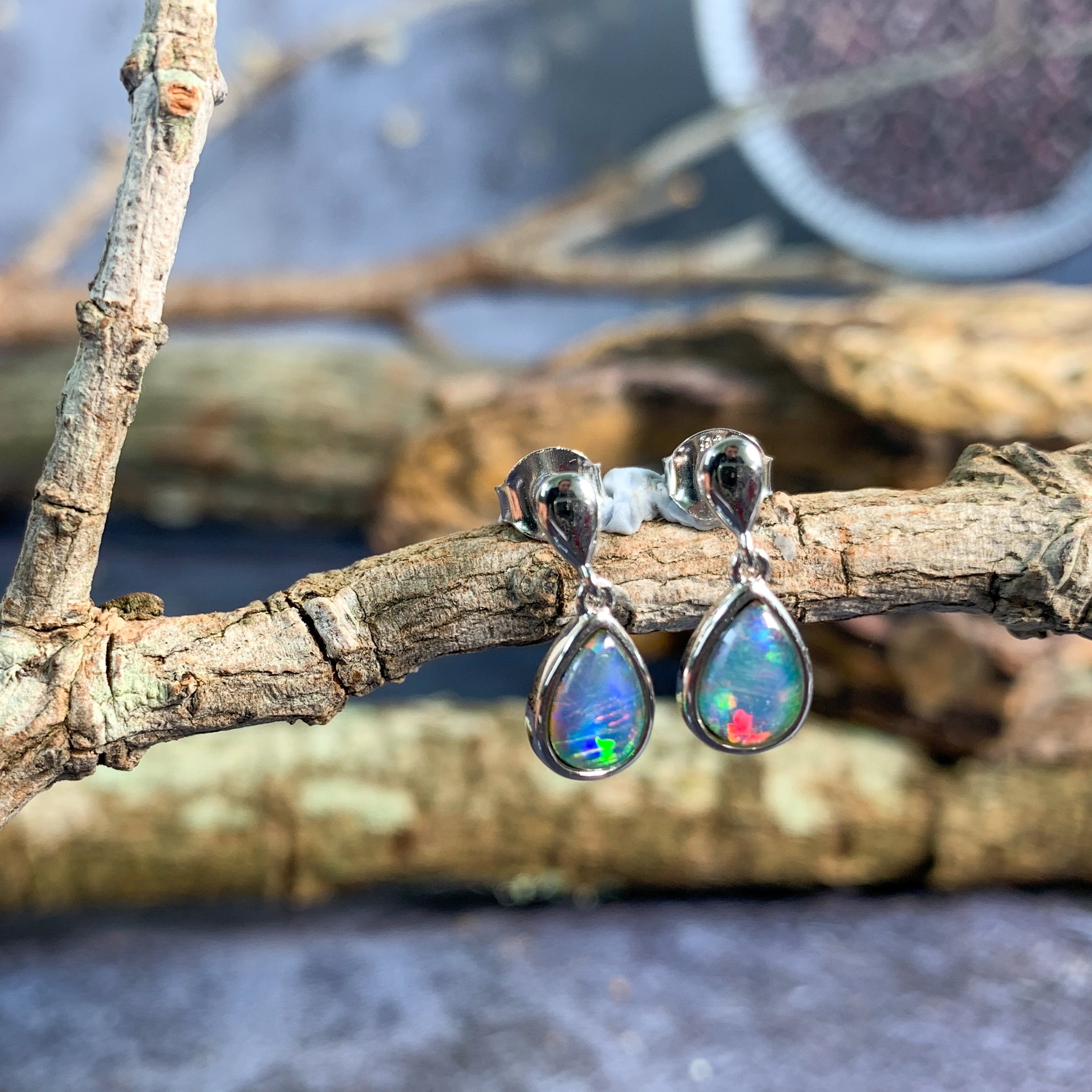 Sterling Silver dangling pear shape 8x5mm earrings Opal triplet - Masterpiece Jewellery Opal & Gems Sydney Australia | Online Shop