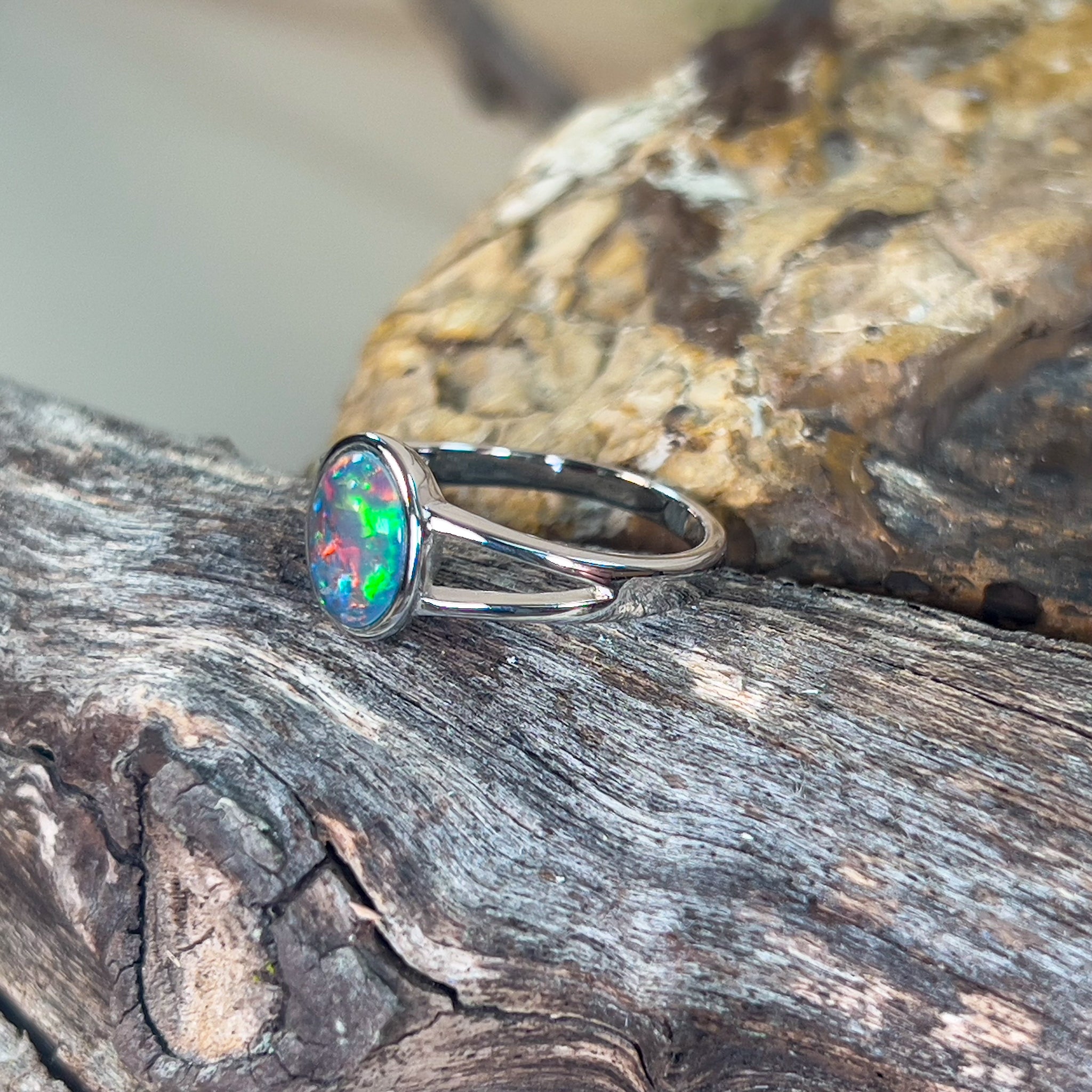 Sterling Silver split shank 9x7mm Opal triplet bezel set ring - Masterpiece Jewellery Opal & Gems Sydney Australia | Online Shop