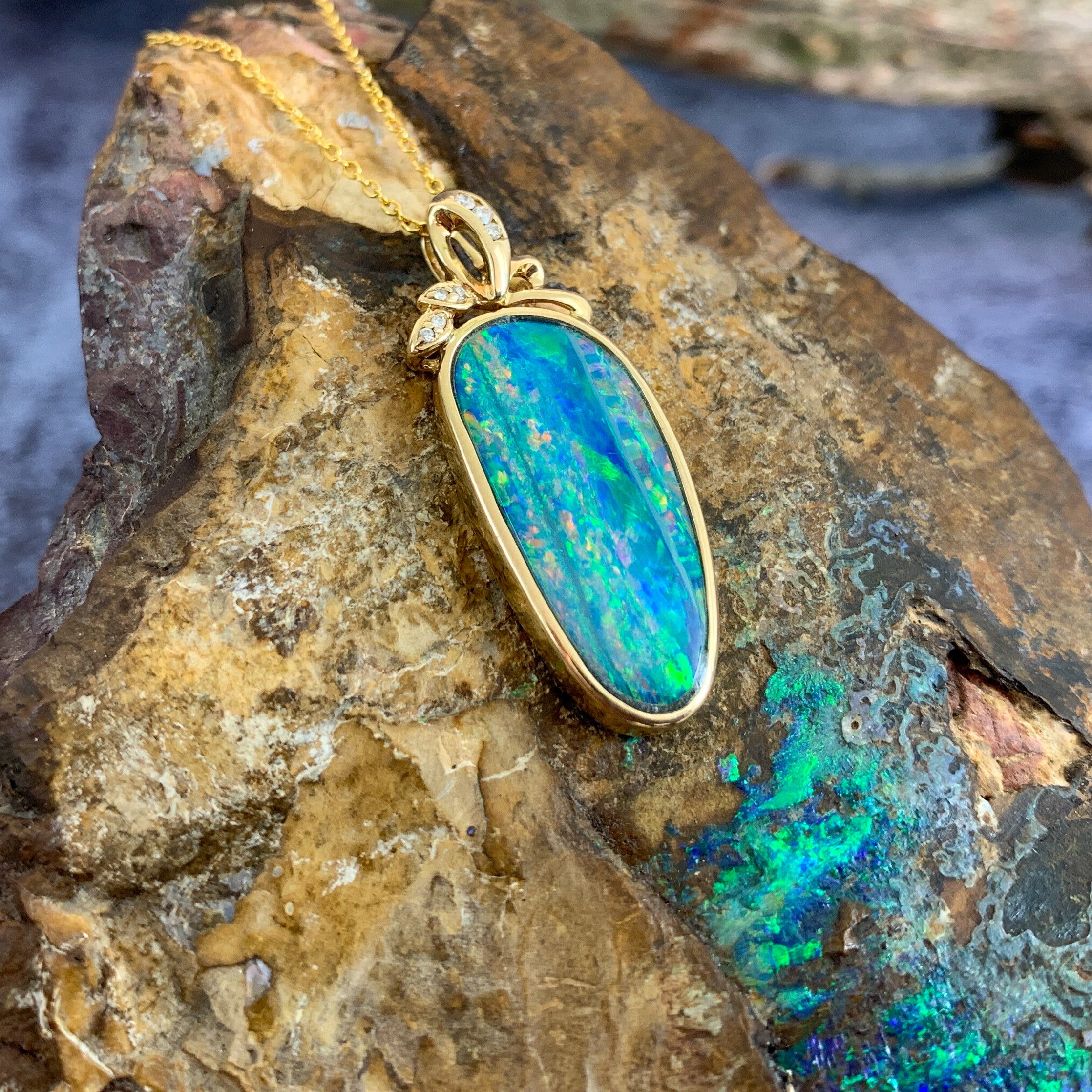 14kt Yellow Gold Multi colour Opal doublet with diamonds - Masterpiece Jewellery Opal & Gems Sydney Australia | Online Shop