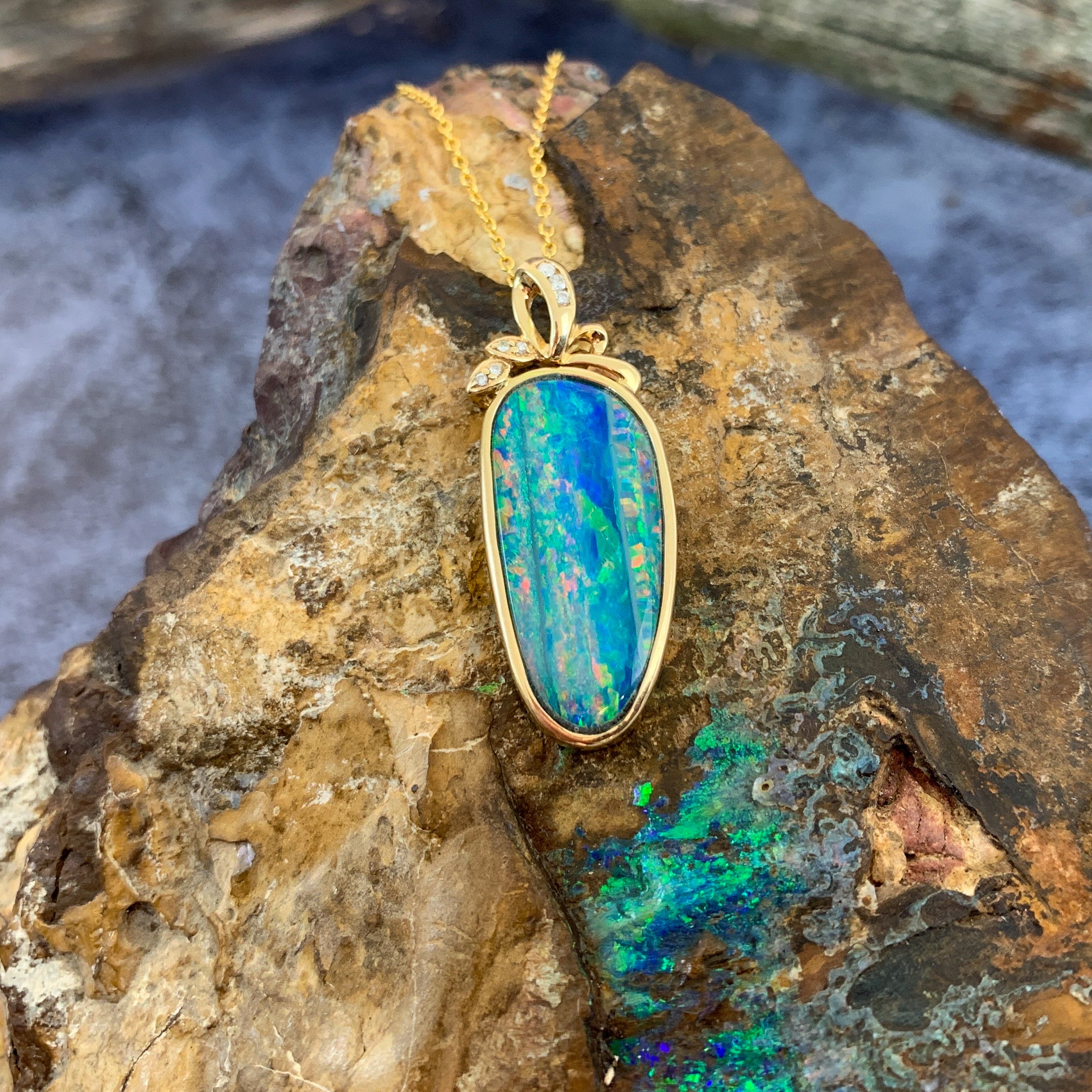 14kt Yellow Gold Multi colour Opal doublet with diamonds - Masterpiece Jewellery Opal & Gems Sydney Australia | Online Shop