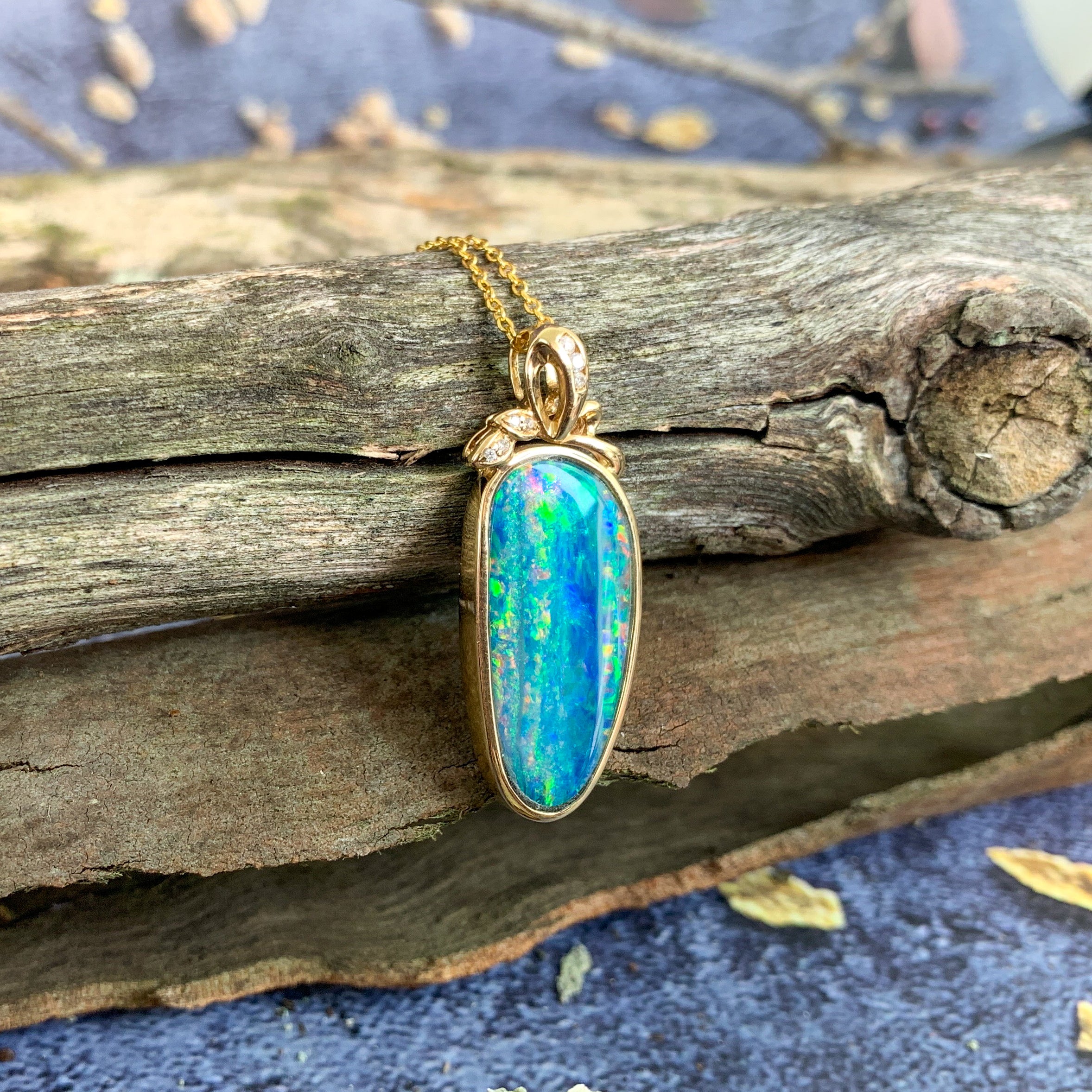 14kt Yellow Gold Multi colour Opal doublet with diamonds - Masterpiece Jewellery Opal & Gems Sydney Australia | Online Shop