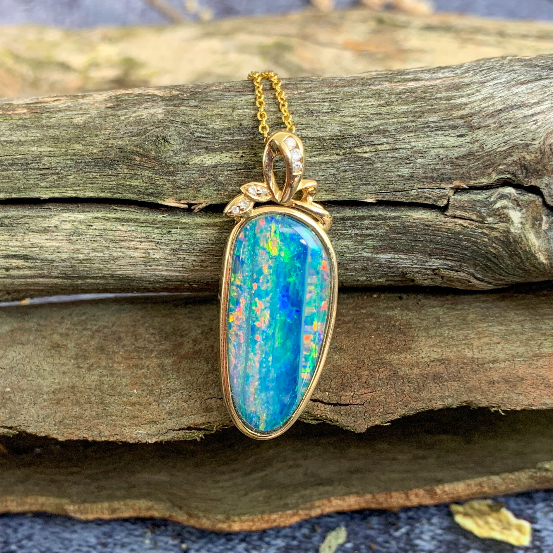 14kt Yellow Gold Multi colour Opal doublet with diamonds - Masterpiece Jewellery Opal & Gems Sydney Australia | Online Shop