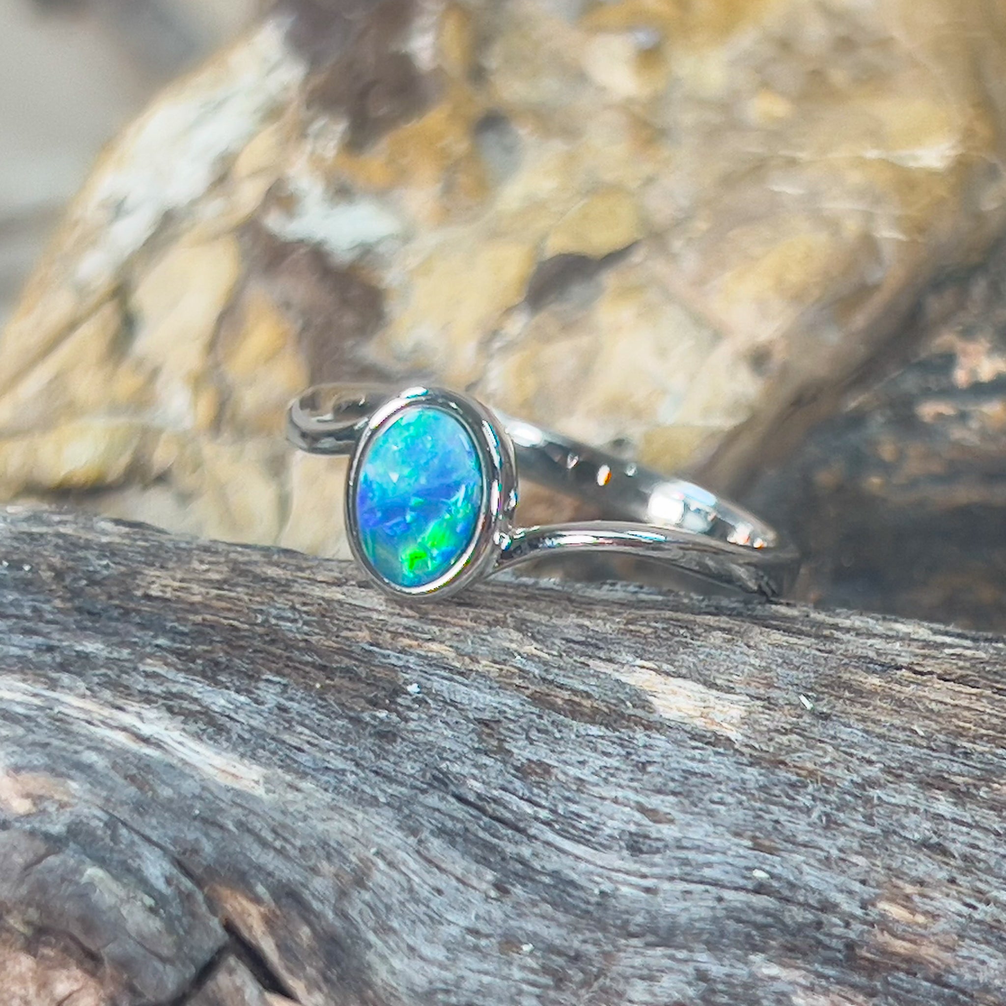 Sterling Silver split shank Opal doublet teal ocean colour ring - Masterpiece Jewellery Opal & Gems Sydney Australia | Online Shop
