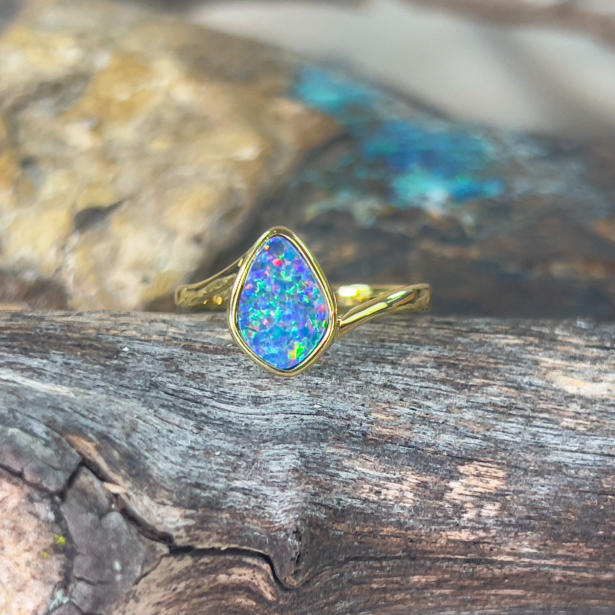 Gold plated Sterling Silver curved Opal doublet solitaire ring - Masterpiece Jewellery Opal & Gems Sydney Australia | Online Shop