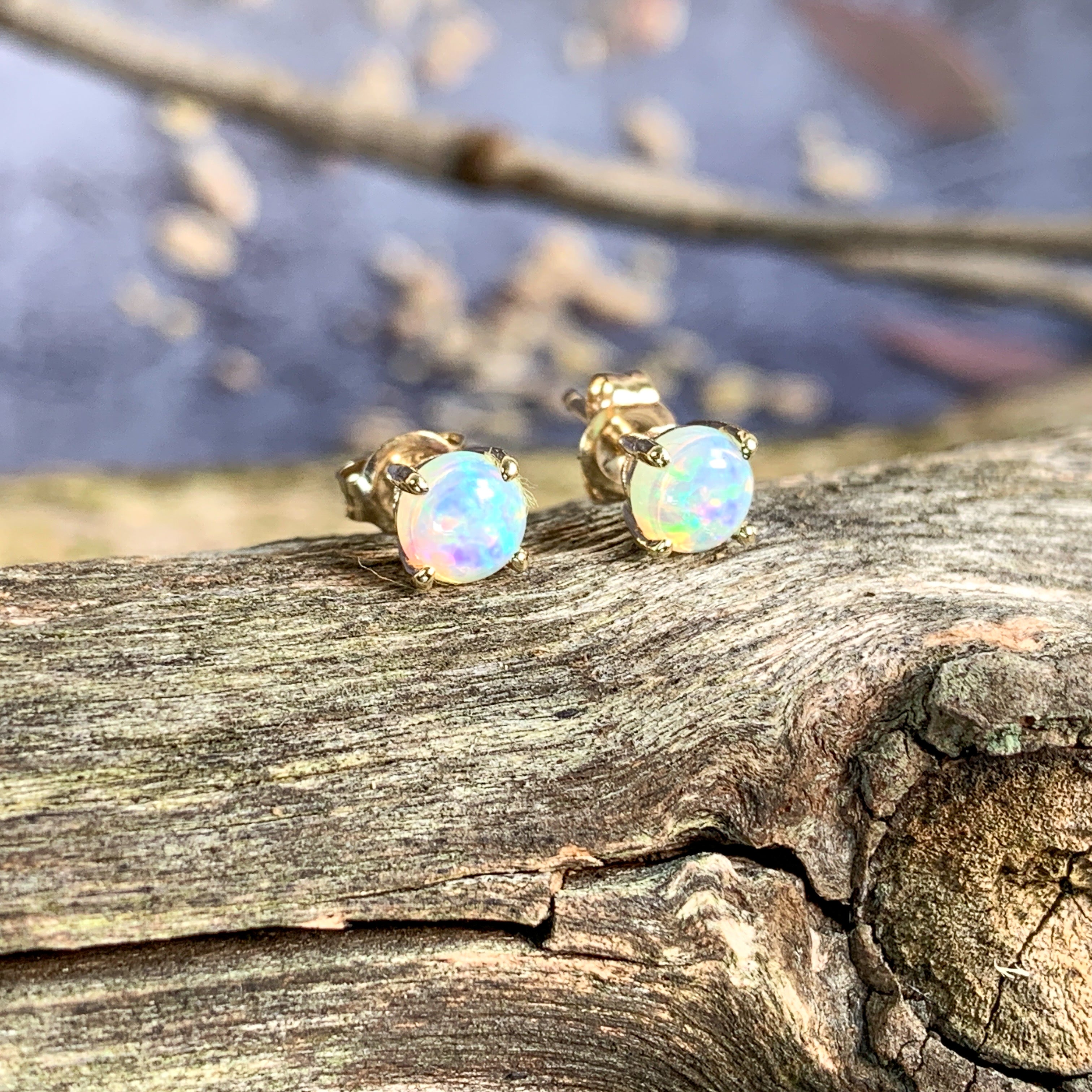 One pair of 9kt Yellow Gold 5mm Round Crystal Opal studs - Masterpiece Jewellery Opal & Gems Sydney Australia | Online Shop