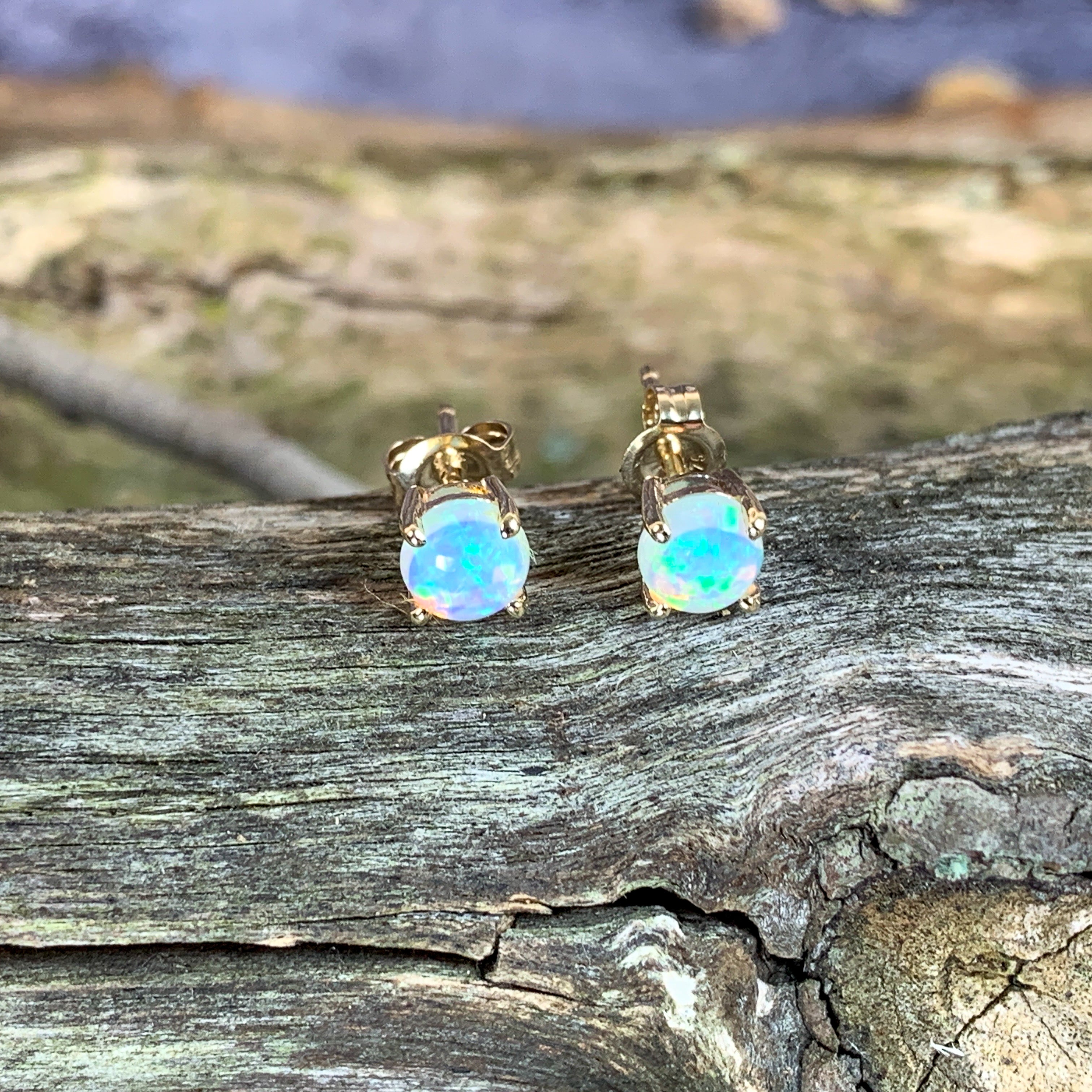 One pair of 9kt Yellow Gold 5mm Round Crystal Opal studs - Masterpiece Jewellery Opal & Gems Sydney Australia | Online Shop
