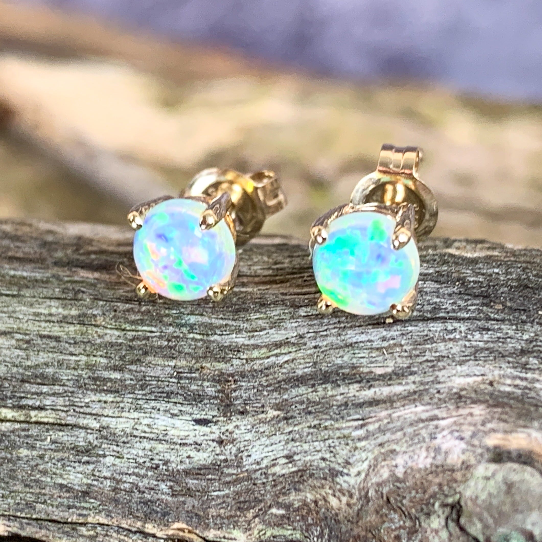 One pair of 9kt Yellow Gold 5mm Round Crystal Opal studs - Masterpiece Jewellery Opal & Gems Sydney Australia | Online Shop
