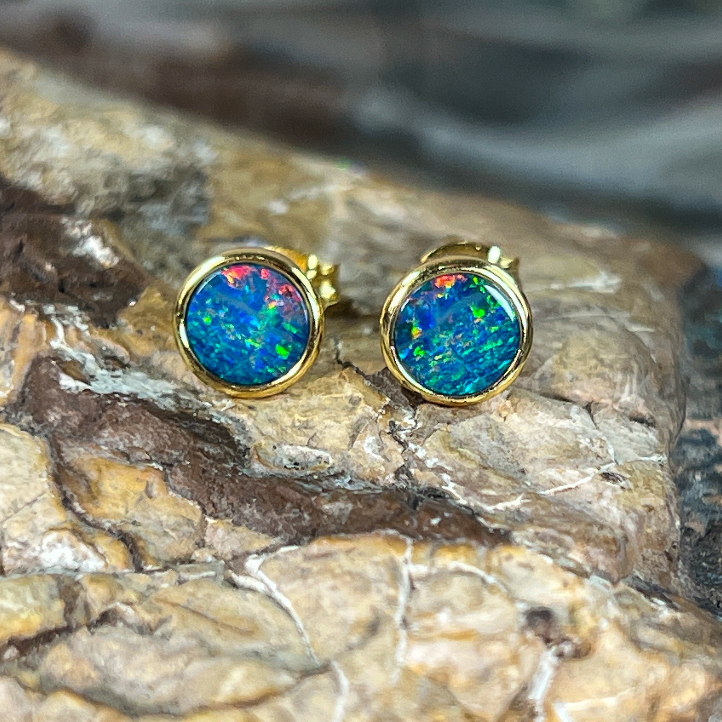 Pair of Gold plated sterling silver 6.5mm Round Opal doublets studs - Masterpiece Jewellery Opal & Gems Sydney Australia | Online Shop