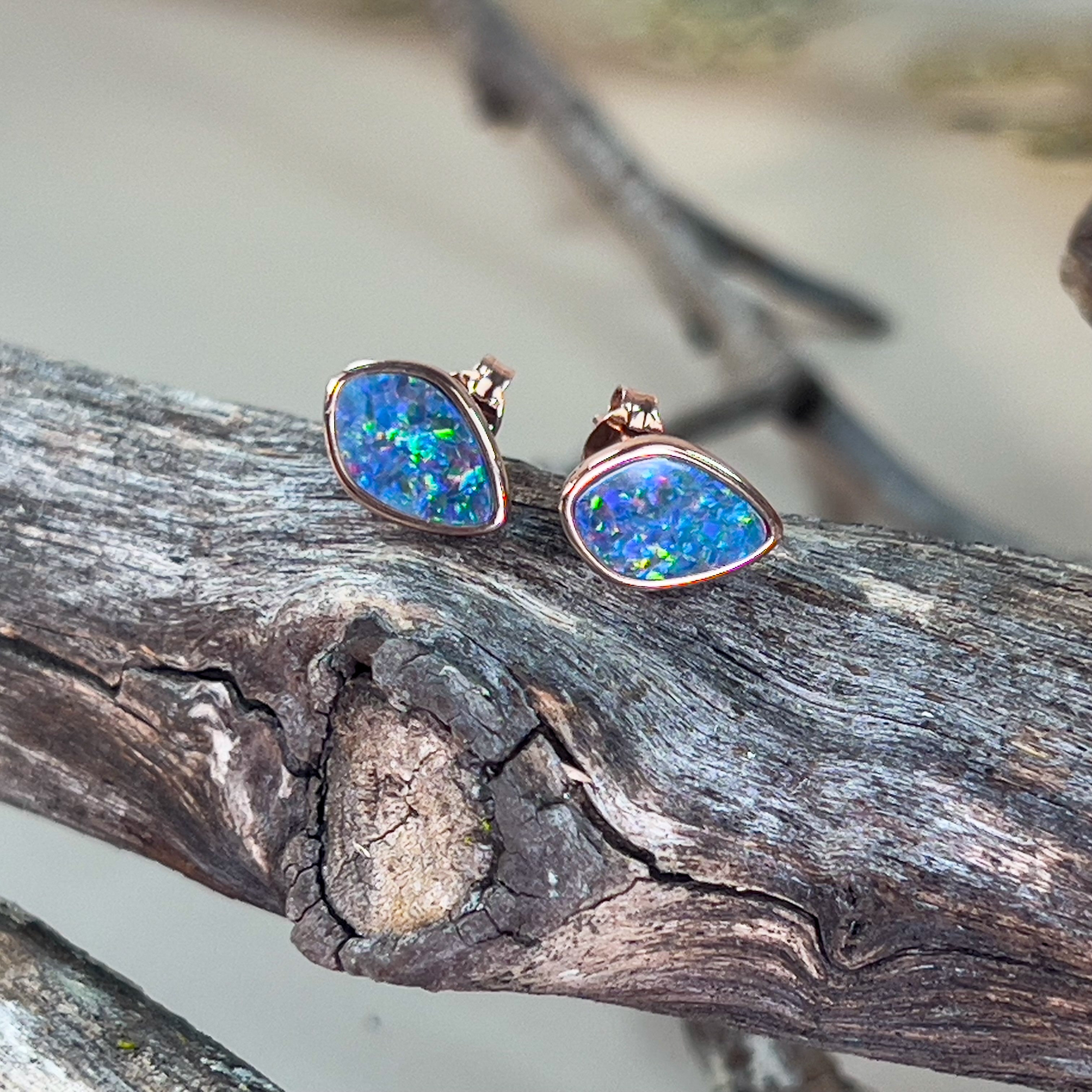 Rose Gold plated silver Opal doublets diamond shape studs - Masterpiece Jewellery Opal & Gems Sydney Australia | Online Shop