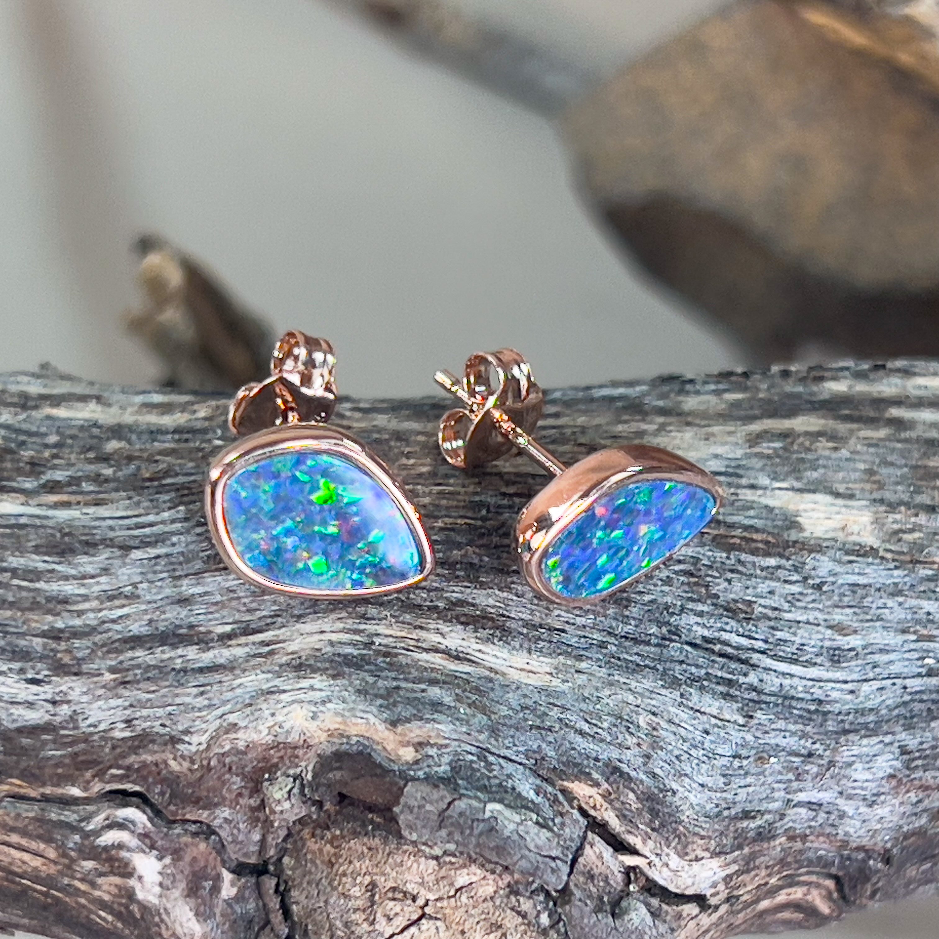 Rose Gold plated silver Opal doublets diamond shape studs - Masterpiece Jewellery Opal & Gems Sydney Australia | Online Shop