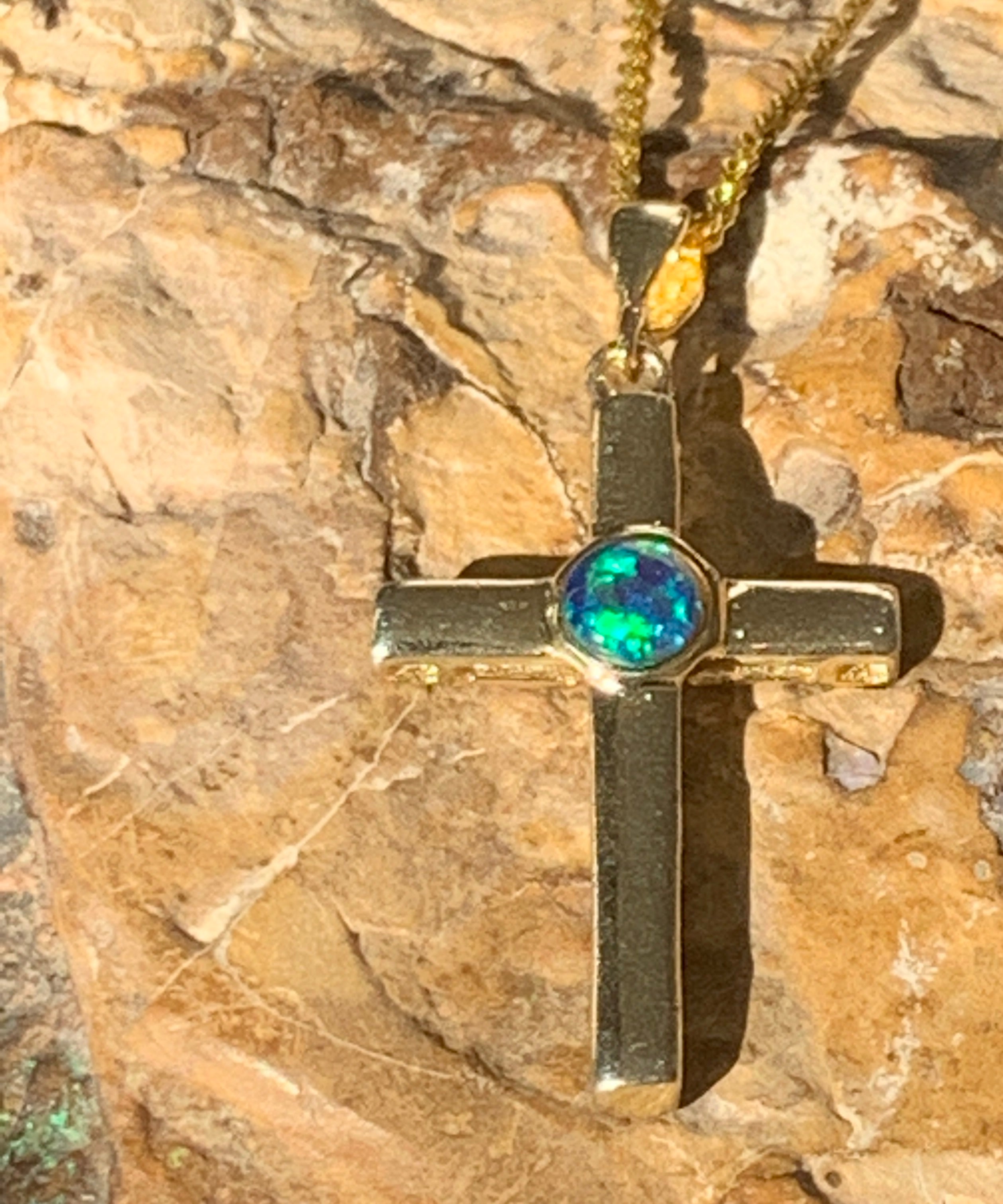Sterling Silver Gold plated cross with 5mm Opal triplet - Masterpiece Jewellery Opal & Gems Sydney Australia | Online Shop