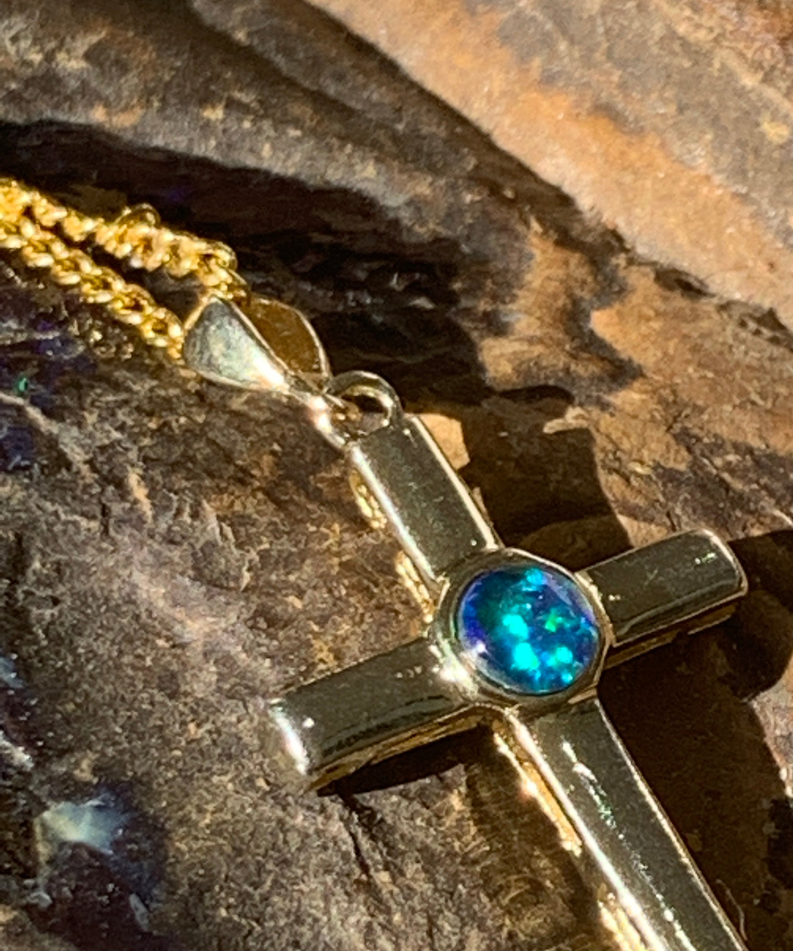 Sterling Silver Gold plated cross with 5mm Opal triplet - Masterpiece Jewellery Opal & Gems Sydney Australia | Online Shop