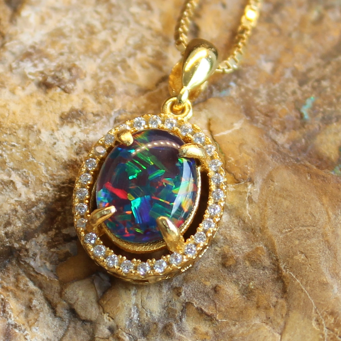 Sterling Silver Gold Plated halo Opal Triplet pendant - Masterpiece Jewellery Opal & Gems Sydney Australia | Online Shop