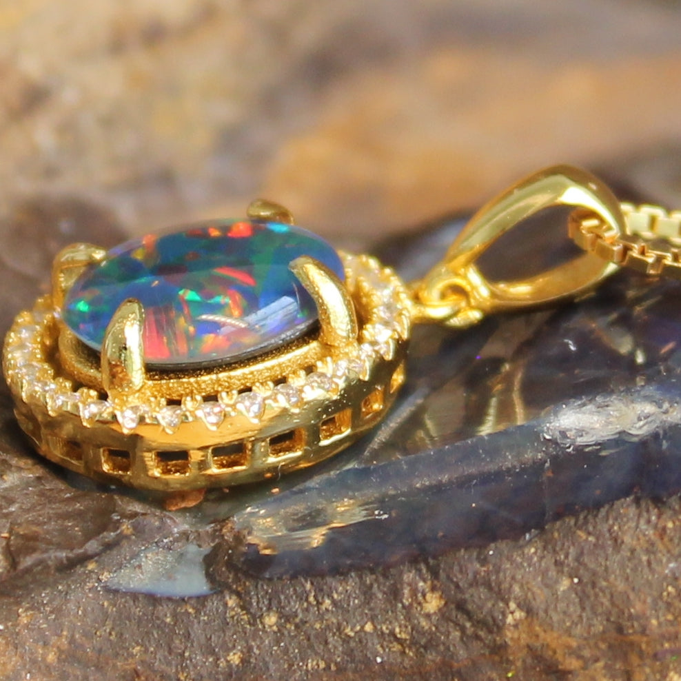 Sterling Silver Gold Plated halo Opal Triplet pendant - Masterpiece Jewellery Opal & Gems Sydney Australia | Online Shop