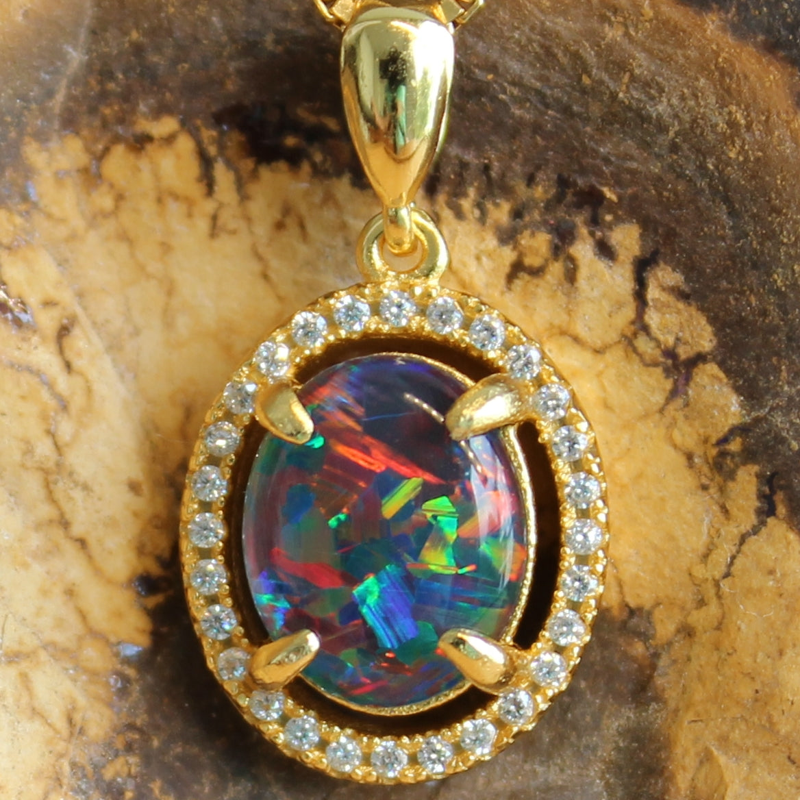 Sterling Silver Gold Plated halo Opal Triplet pendant - Masterpiece Jewellery Opal & Gems Sydney Australia | Online Shop