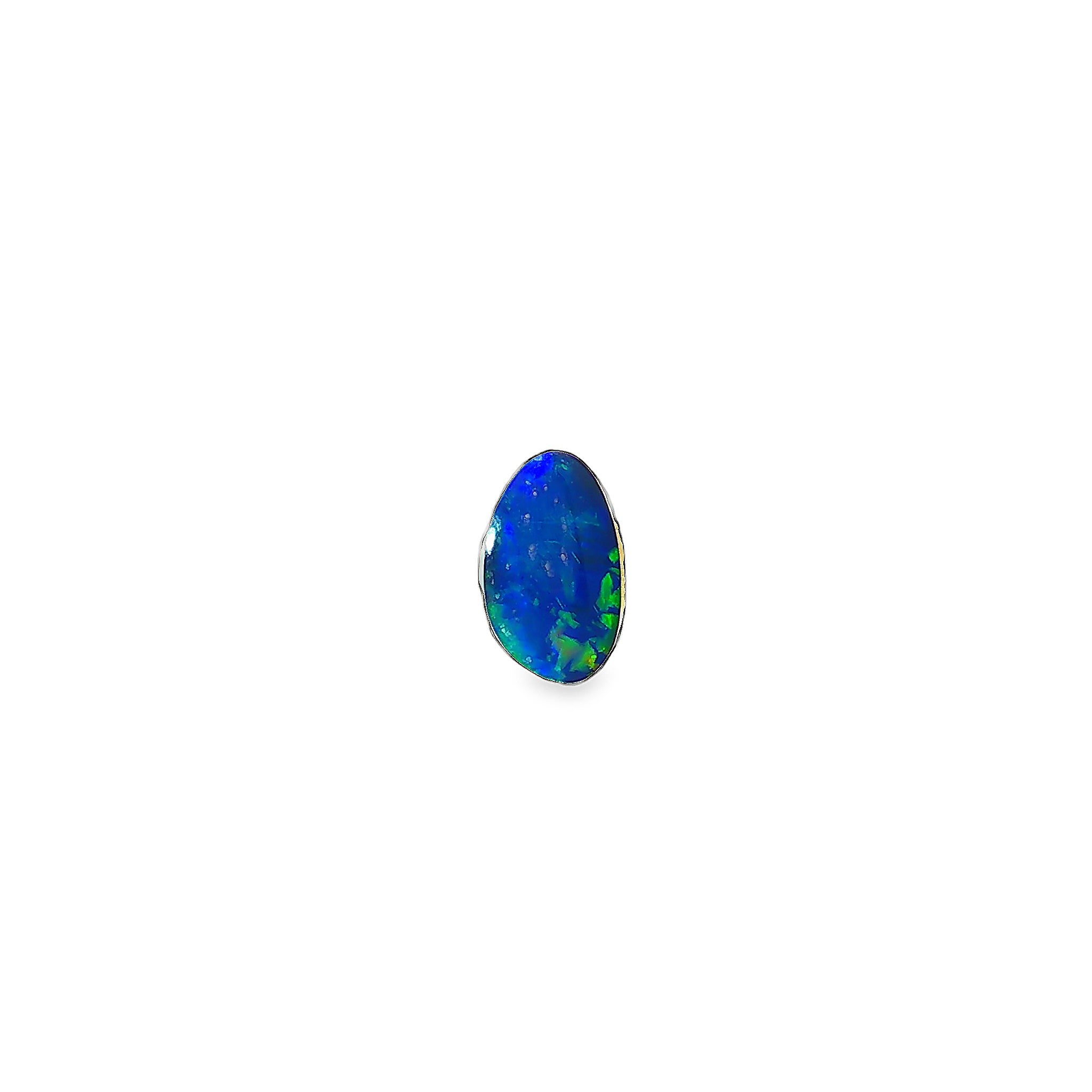 Australian opal doublet 0.65ct freeform, vivid blue over green, on a white background