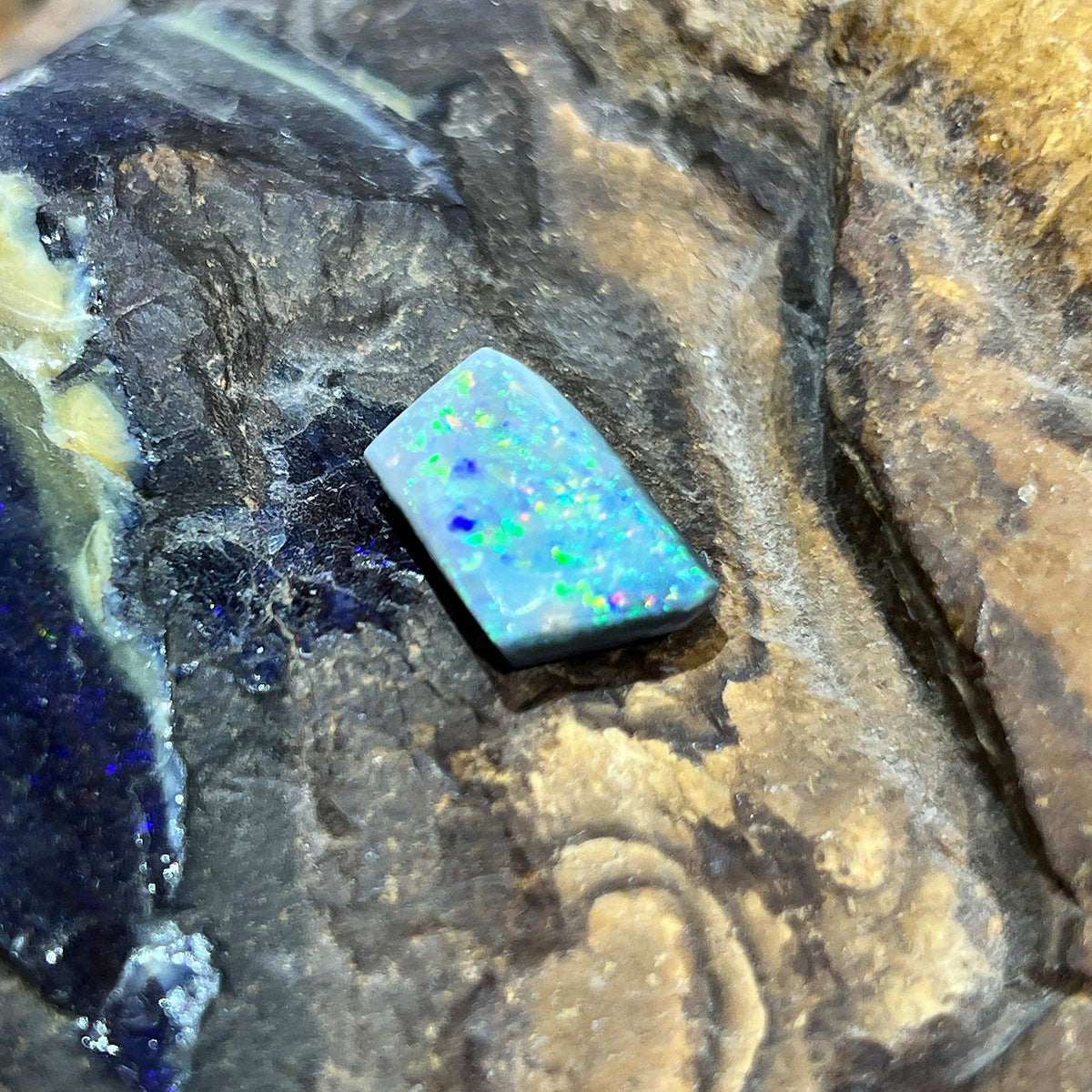 Australian black opal 5.15ct rectangular cabochon, 16.8x10.3mm, yellow, orange and green with blue pinfire, loose and unset, on rock