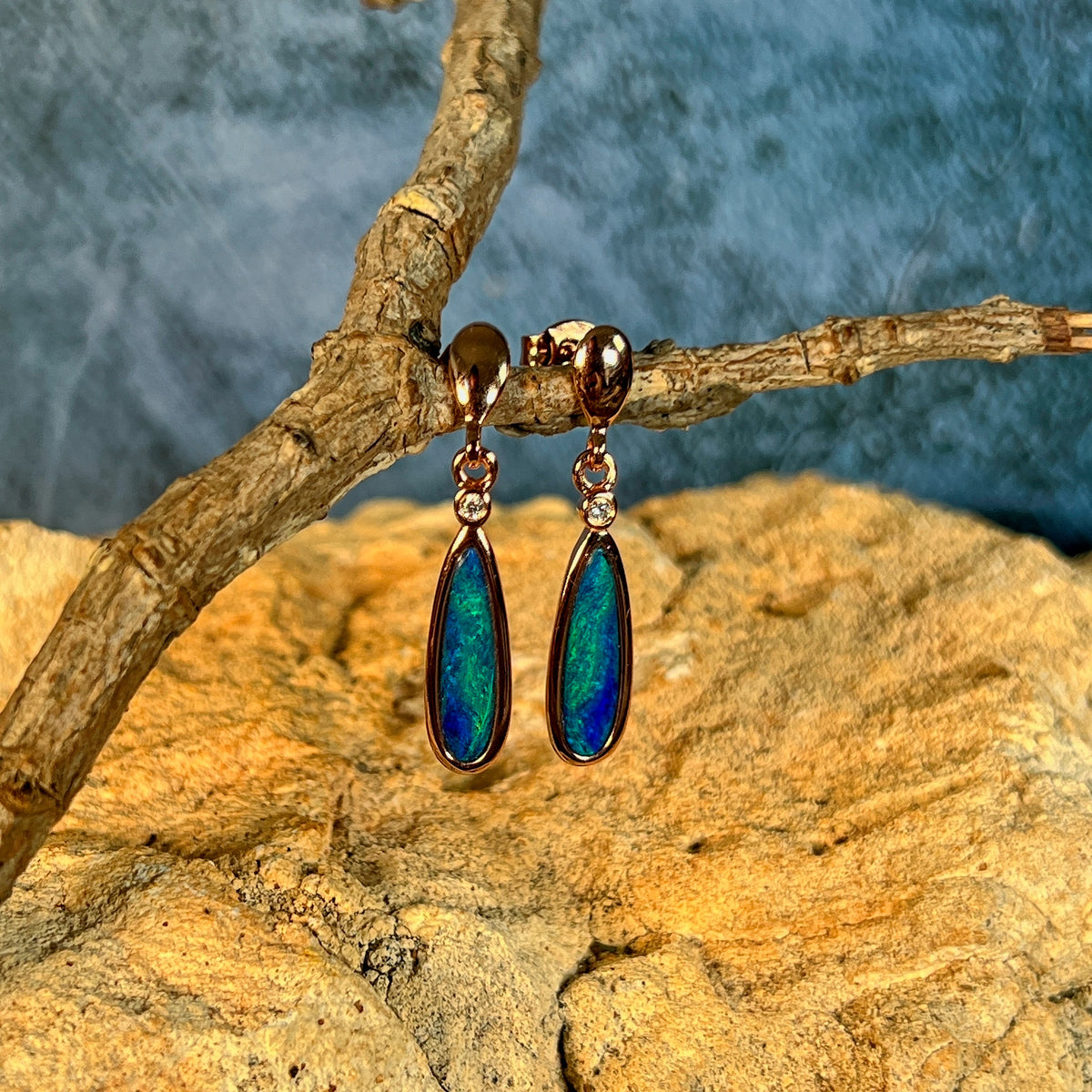 pear-shaped Australian opal doublet earrings in rose gold-plated silver, 15 x 5mm, green and blue