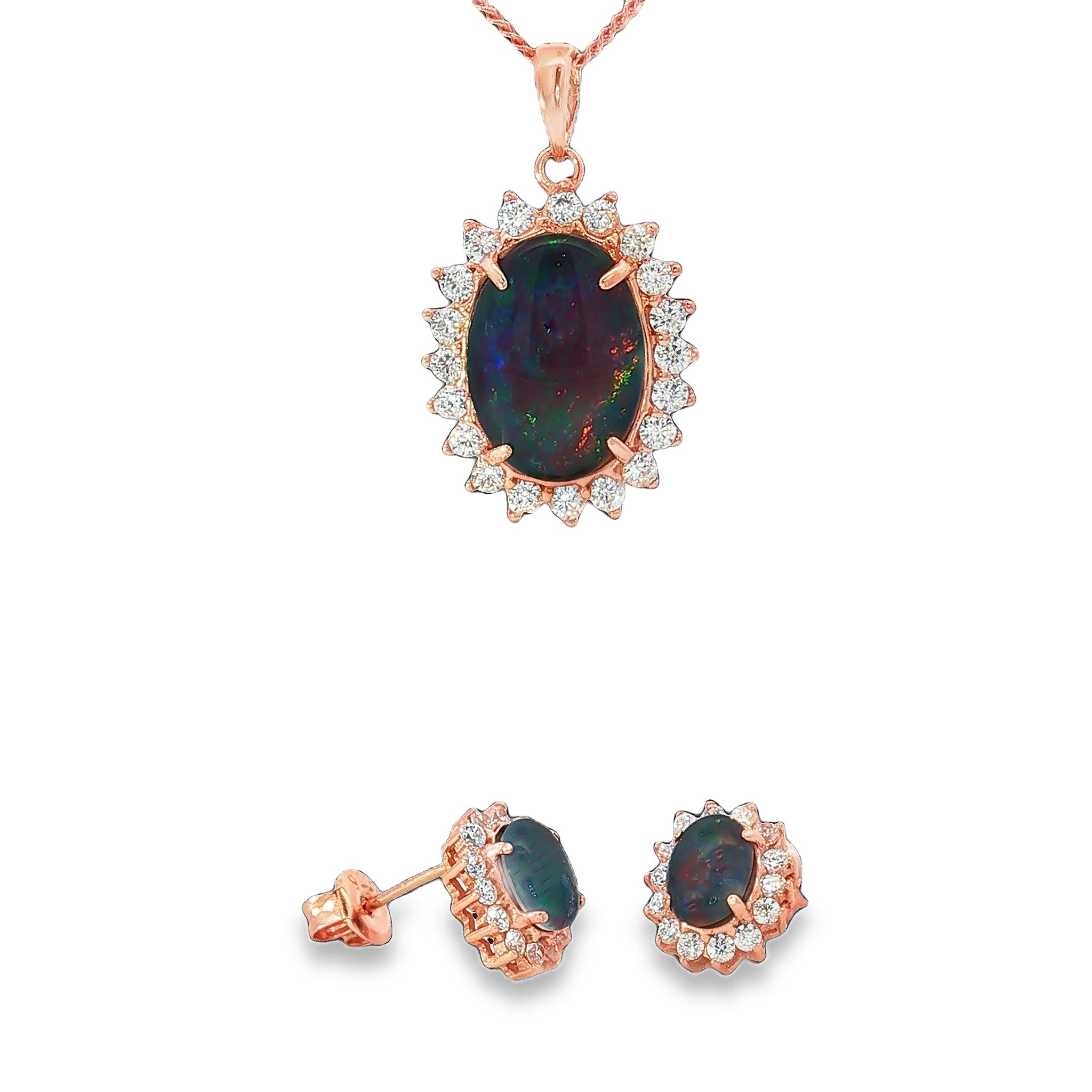 14 x 10mm oval Australian opal triplet pendant and earring set in rose gold-plated silver