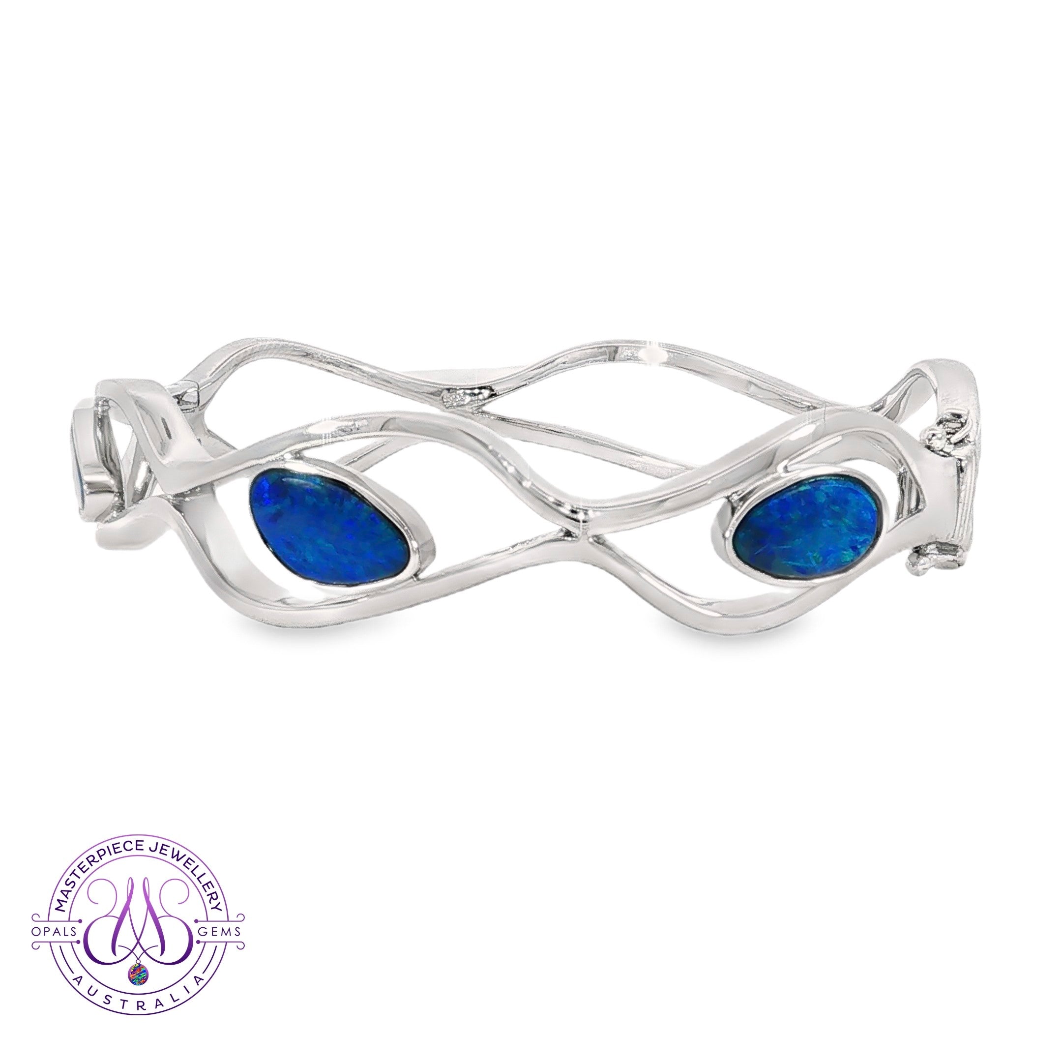 Sterling silver wave cut-out bangle set with a 3.92ct freeform blue-green Australian opal doublet