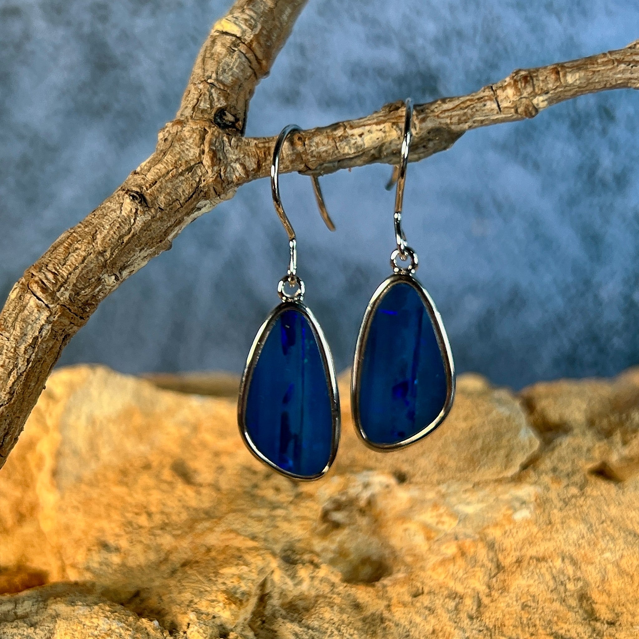 freeform Australian opal doublet earrings in sterling silver, blue and green play-of-colour