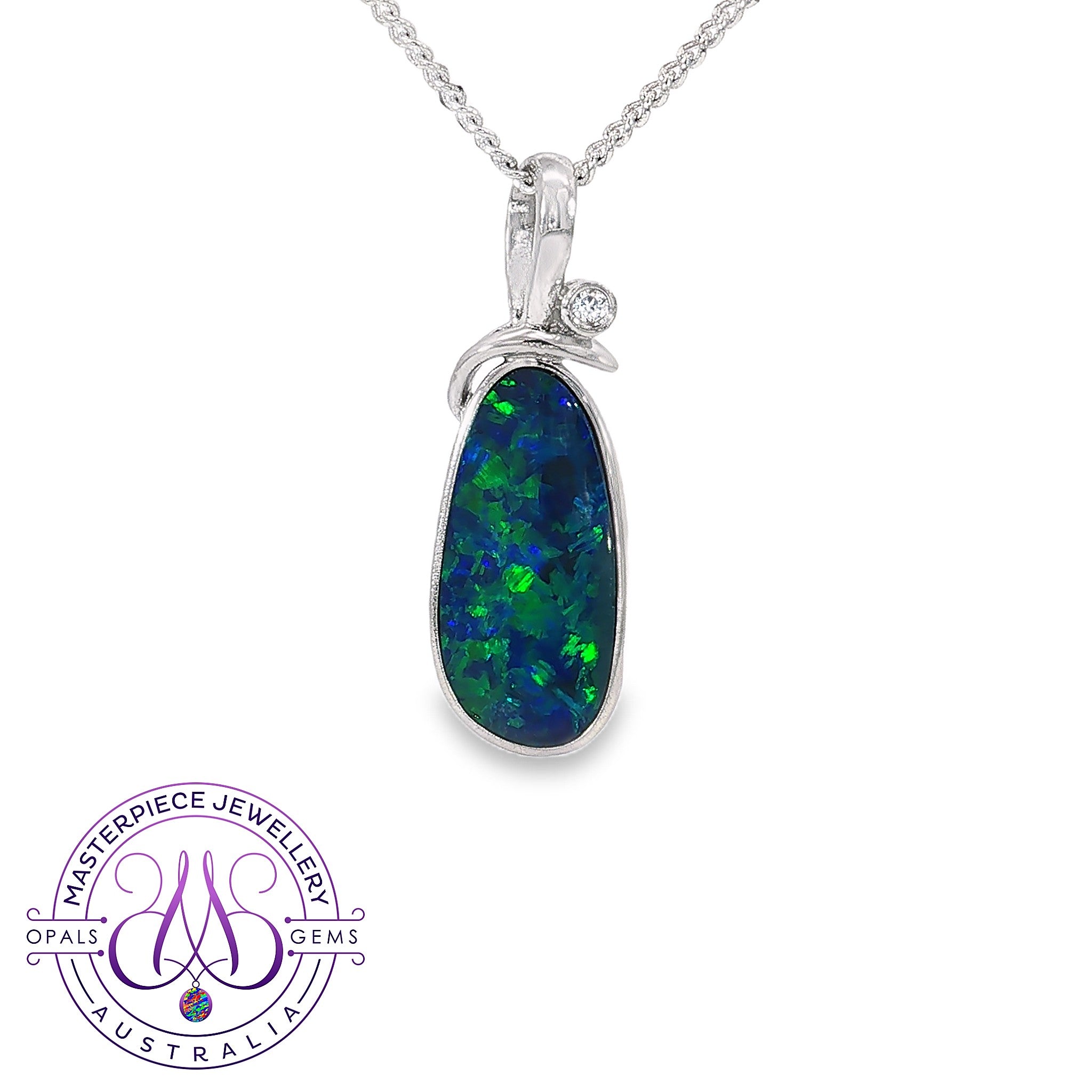 Freeform opal doublet pendant necklace in sterling silver with blue and green play-of-colour