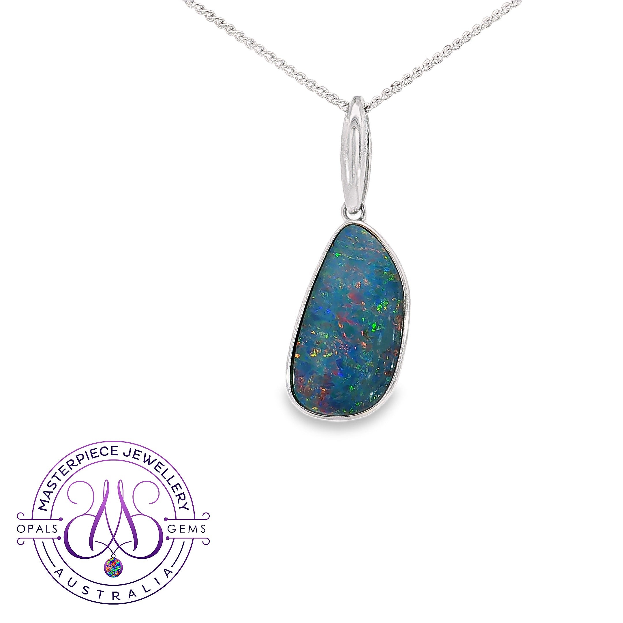 Freeform opal doublet pendant necklace in sterling silver with blue and red play-of-colour
