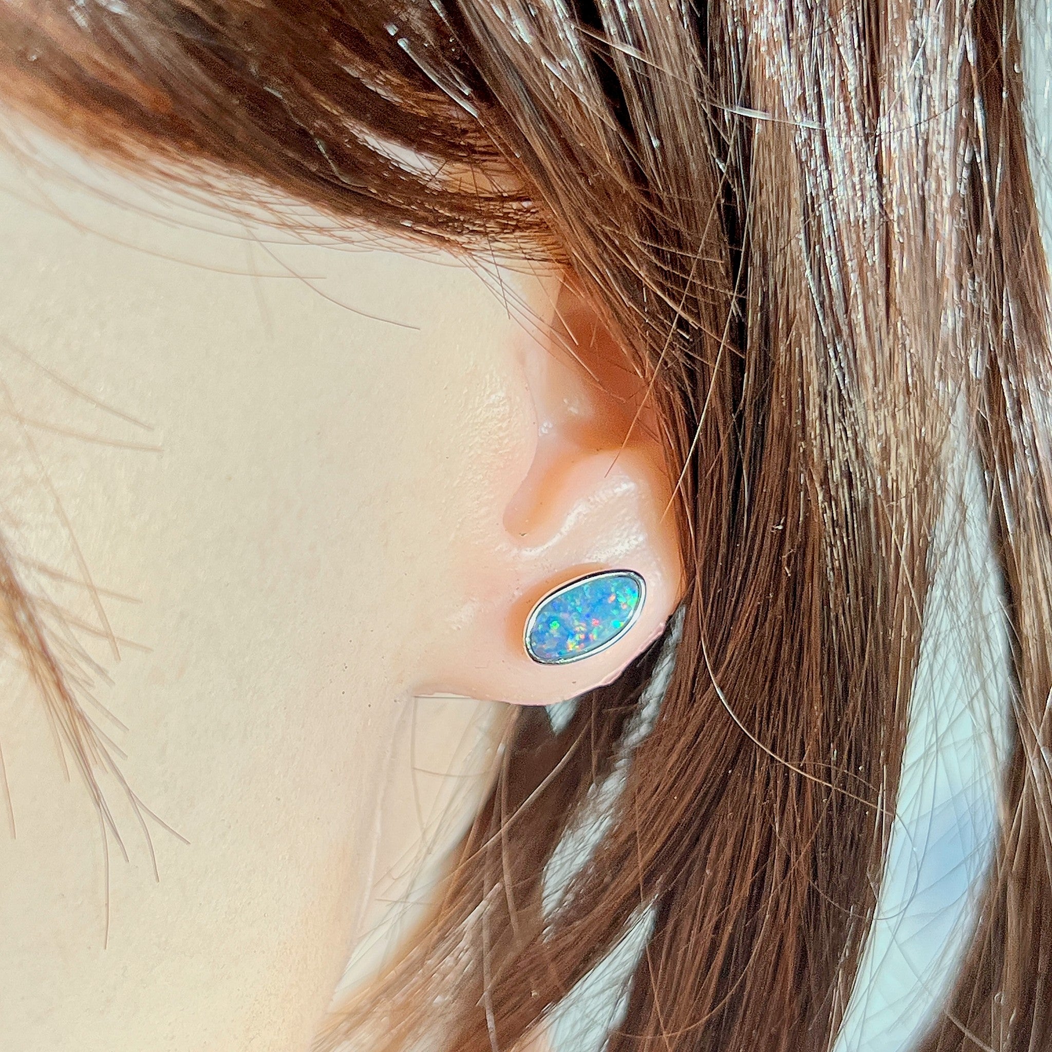12 x 6mm freeform Australian opal doublet earrings worn on the ear, sterling silver