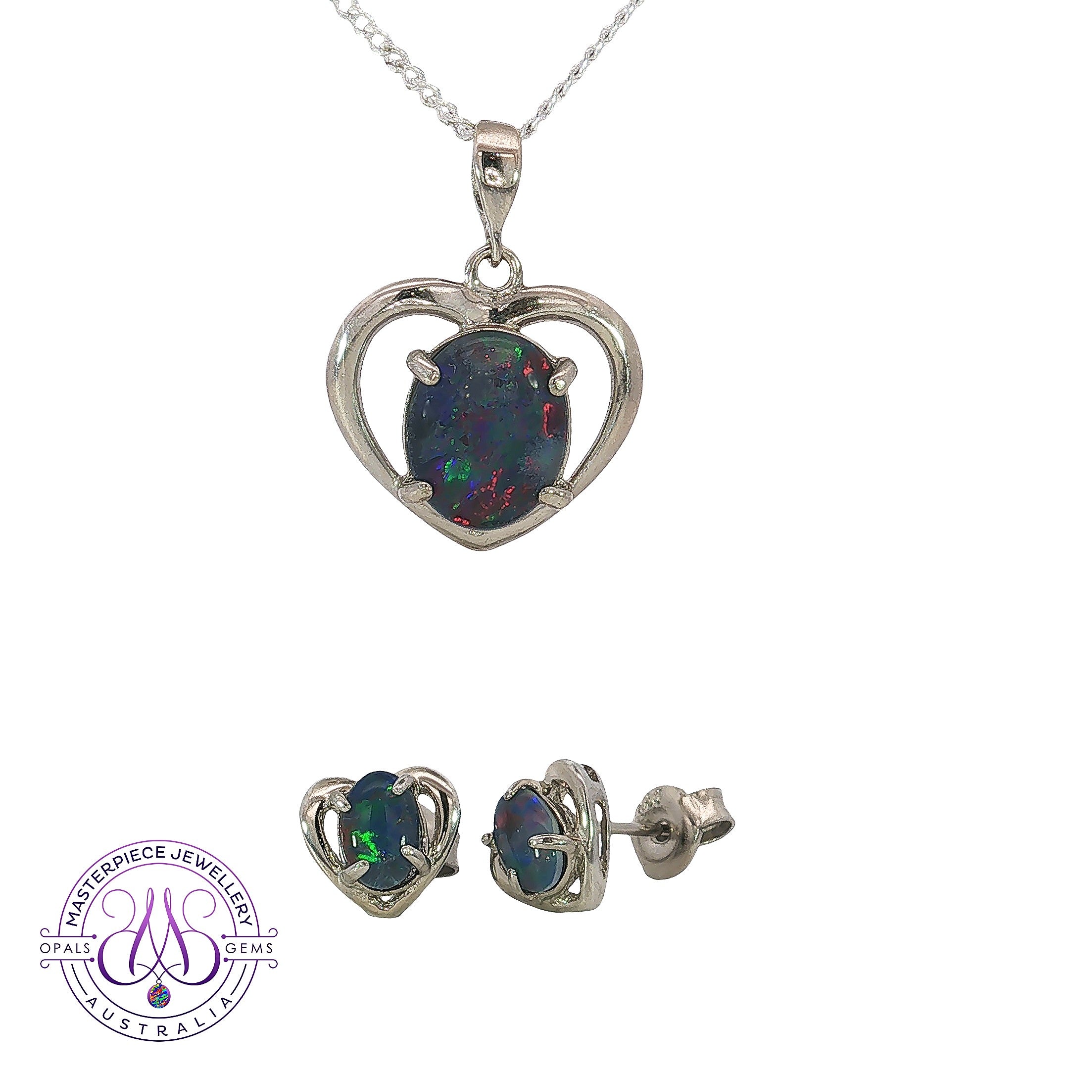 Sterling silver heart-shaped opal triplet pendant and earring set with 10x8mm oval opals