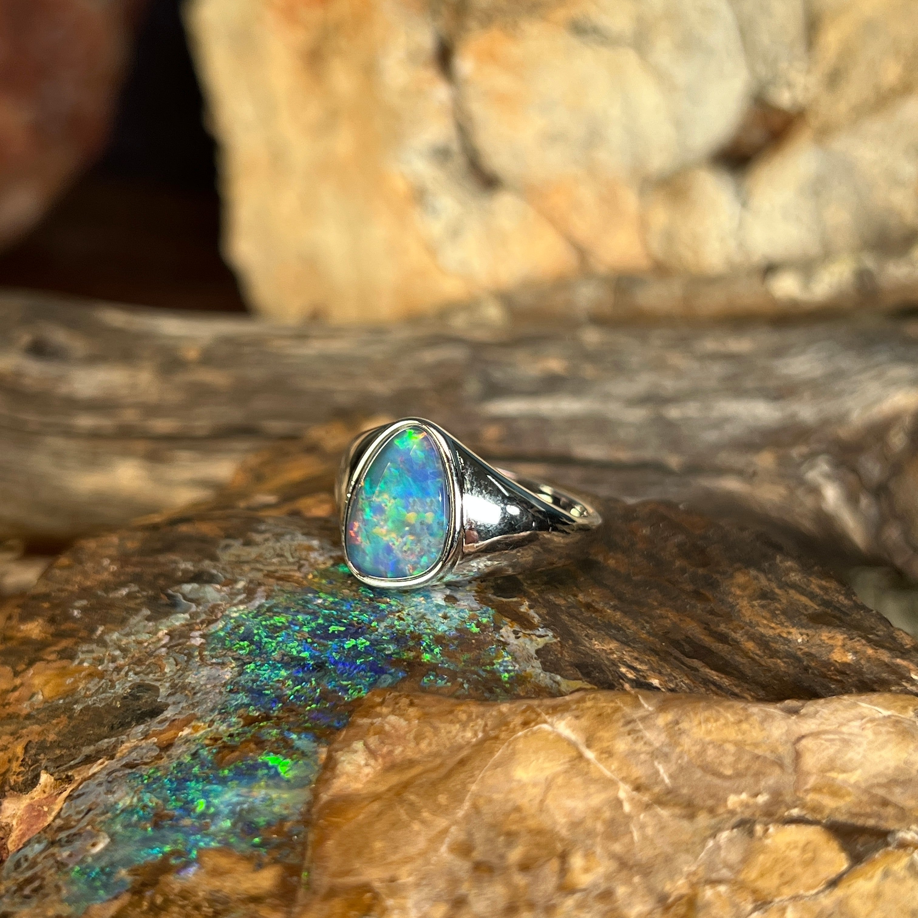 sterling silver Australian opal triplet ring with a 12 x 9mm freeform stone