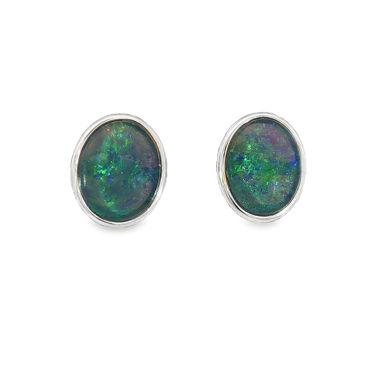 11 x 9mm oval Australian opal triplet earrings in sterling silver