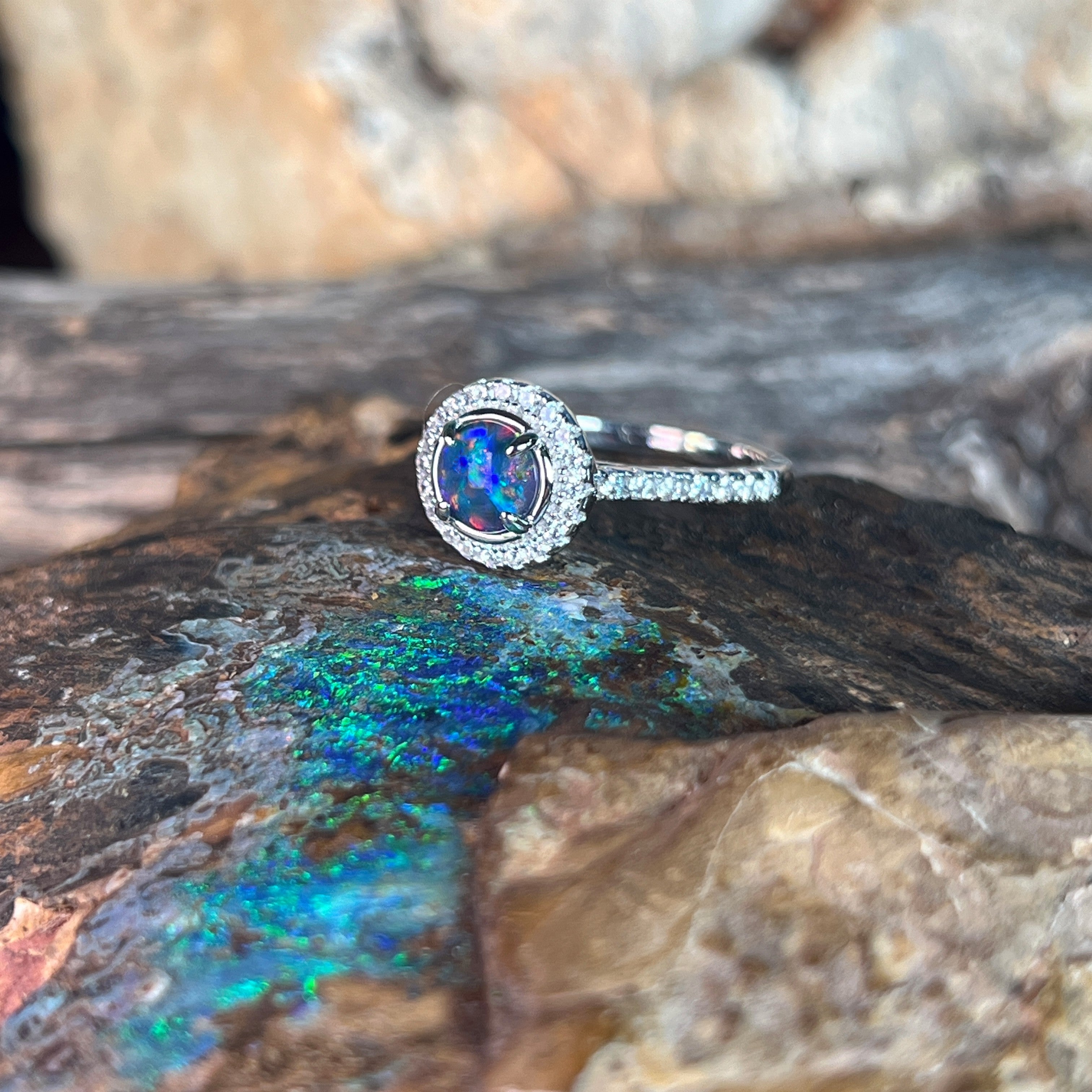sterling silver Australian opal triplet ring with a 6mm round stone