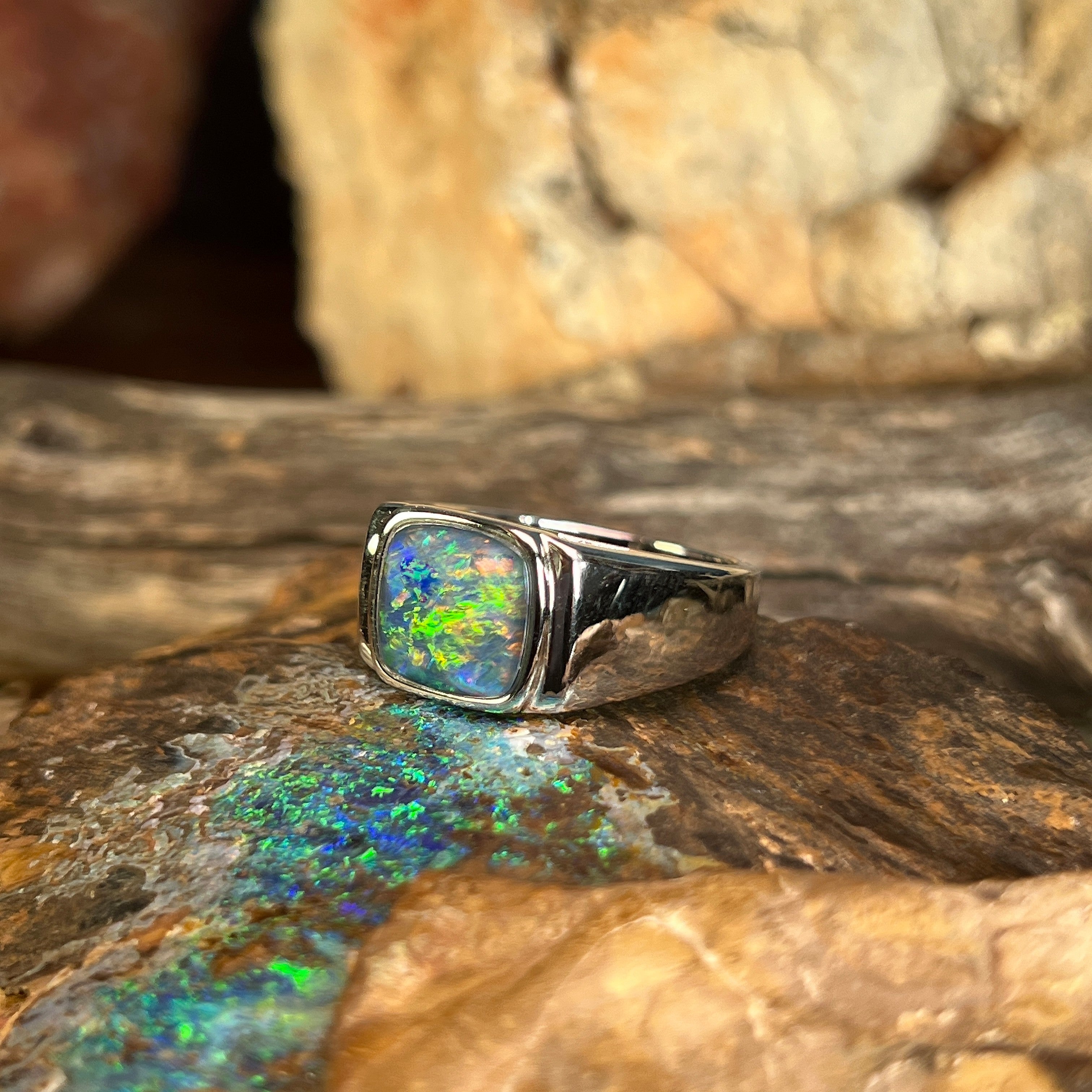 sterling silver Australian opal triplet ring with a 10mm square stone
