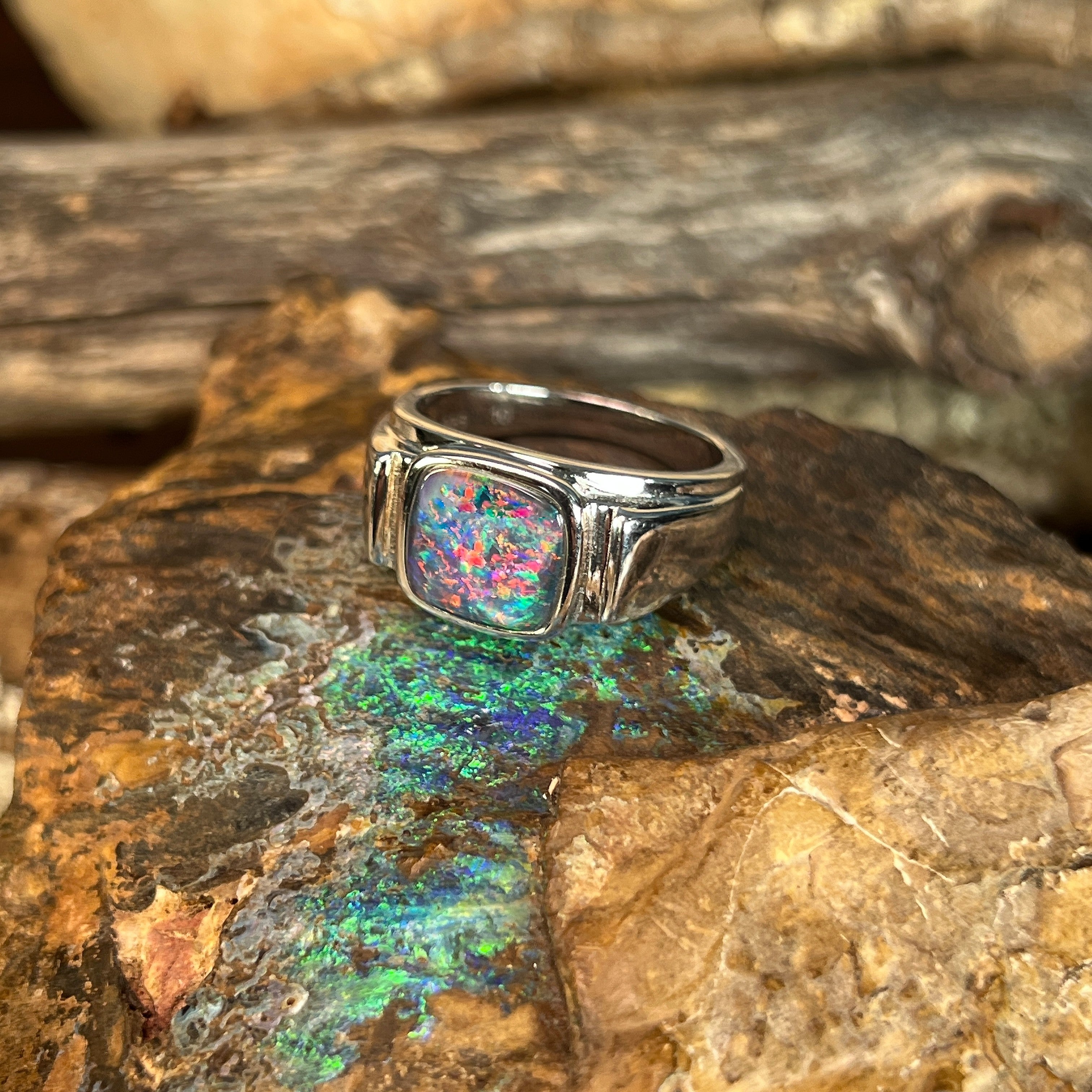 Australian opal triplet ring in sterling silver, cushion-shaped stone, ring size US 10