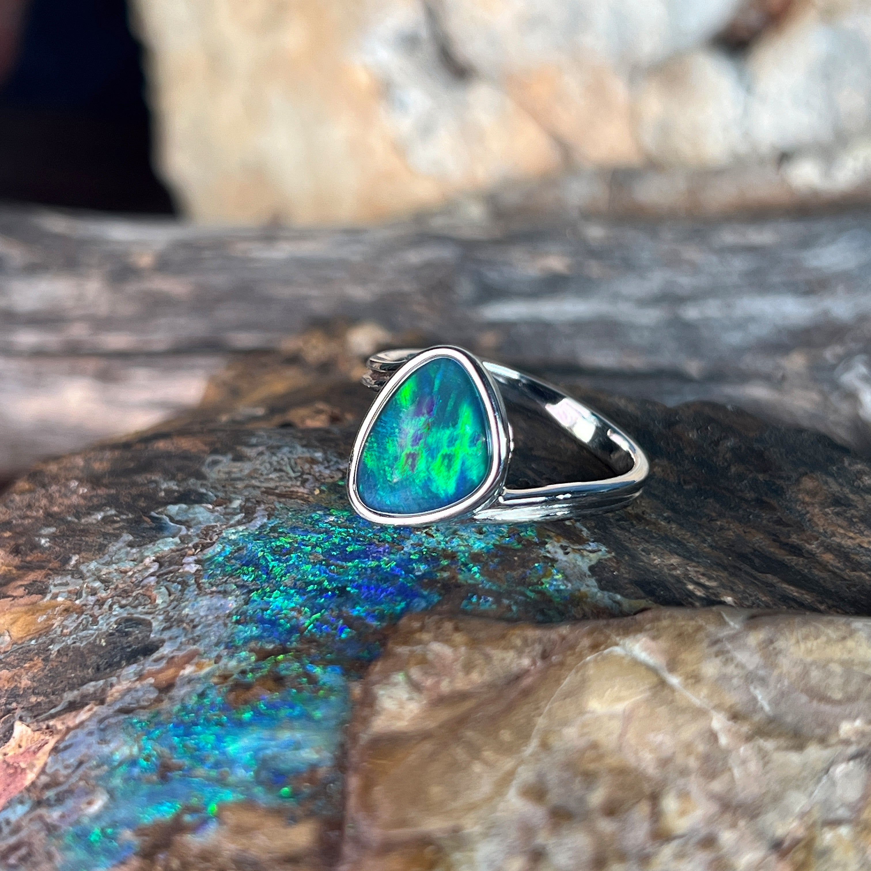 Australian opal triplet ring in sterling silver, triangular stone, ring size US 7