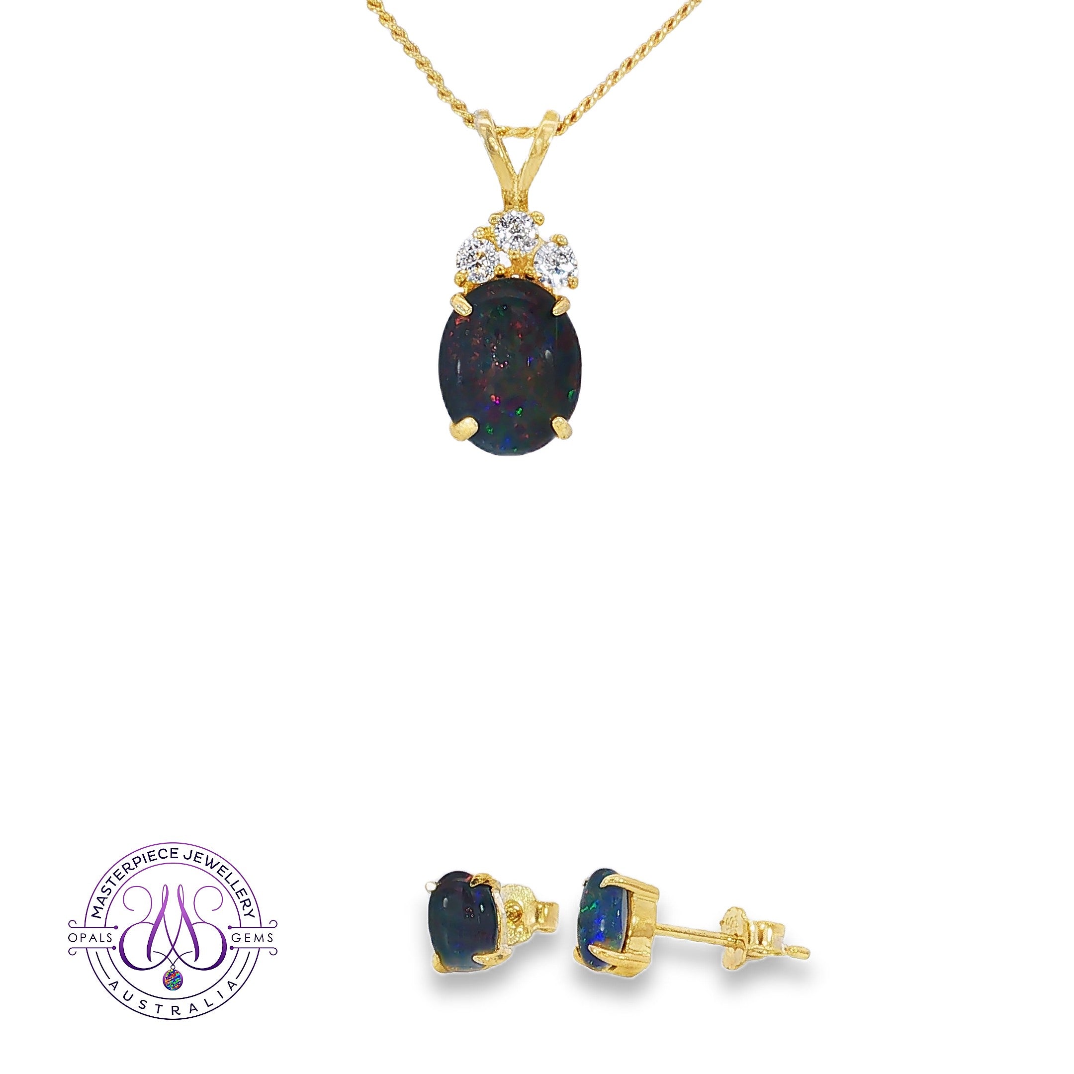 10x8mm oval opal triplet pendant and 6x4mm stud set in yellow gold-plated sterling silver