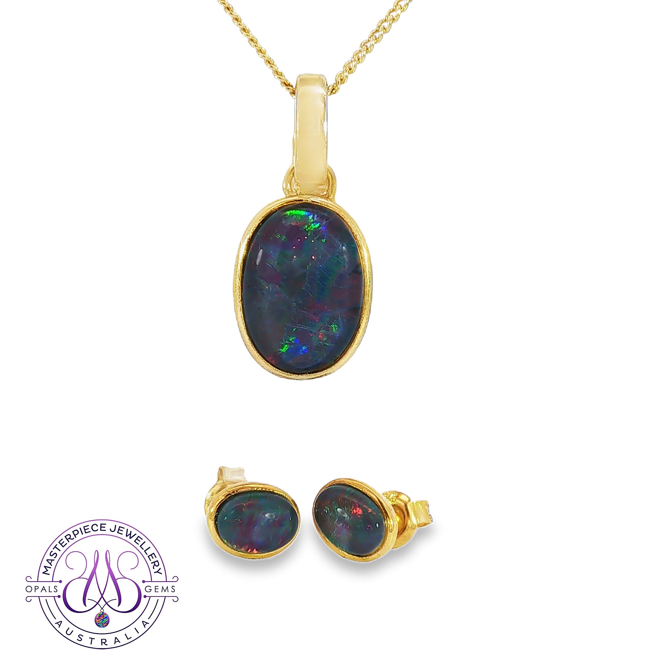 Bezel-set 14x10mm opal triplet pendant and earring set in yellow gold-plated sterling silver