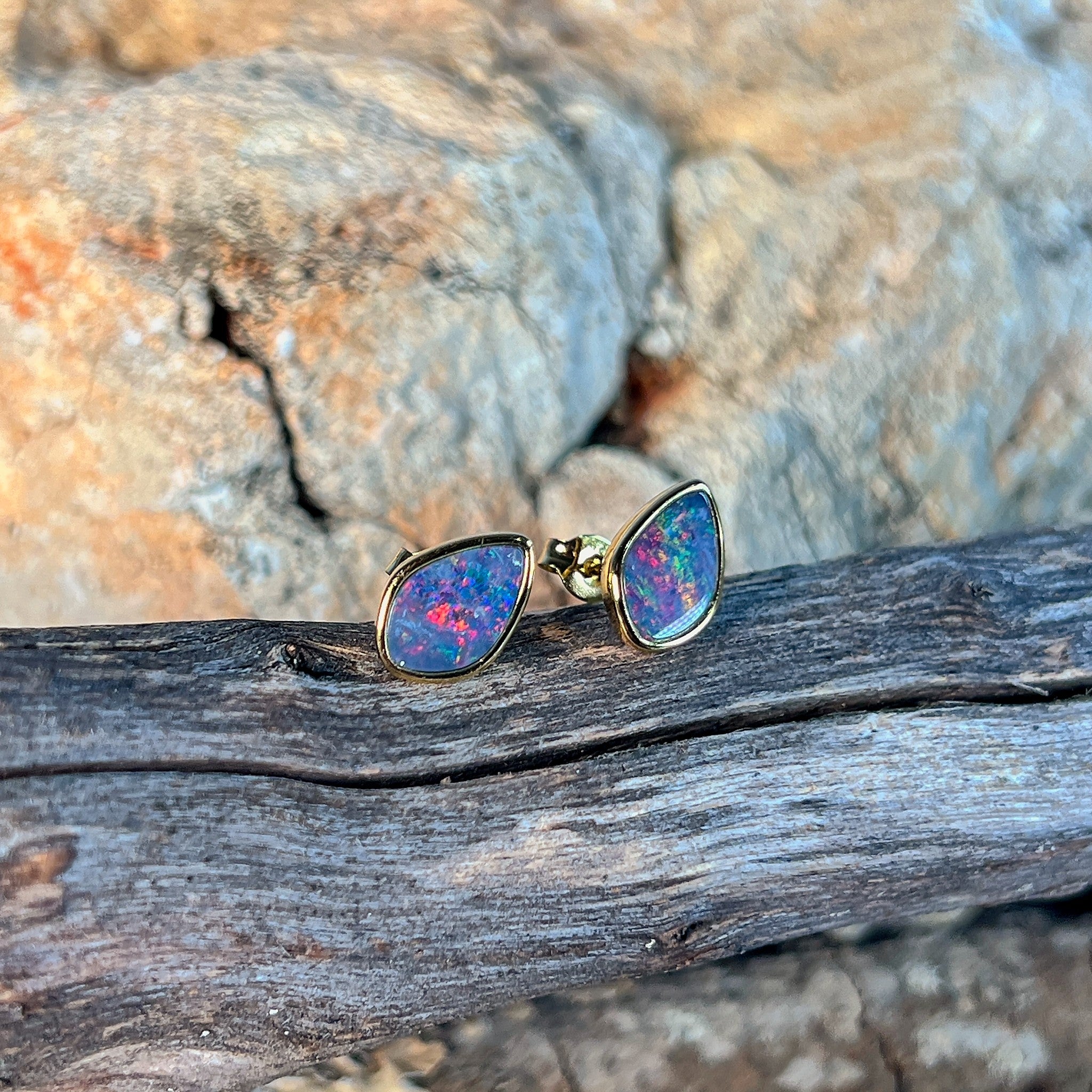 red, blue and green Australian opal doublet, freeform, yellow gold-plated silver earrings, 11 x 7.5mm