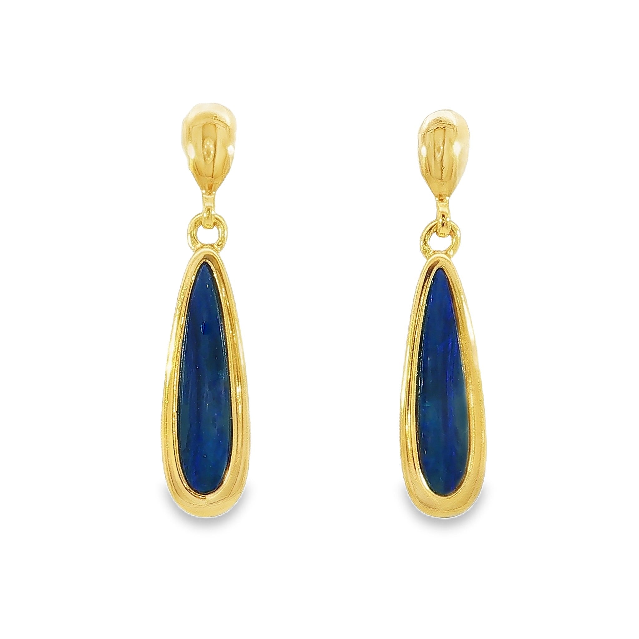 17 x 5mm pear-shaped Australian opal doublet earrings in yellow gold-plated silver
