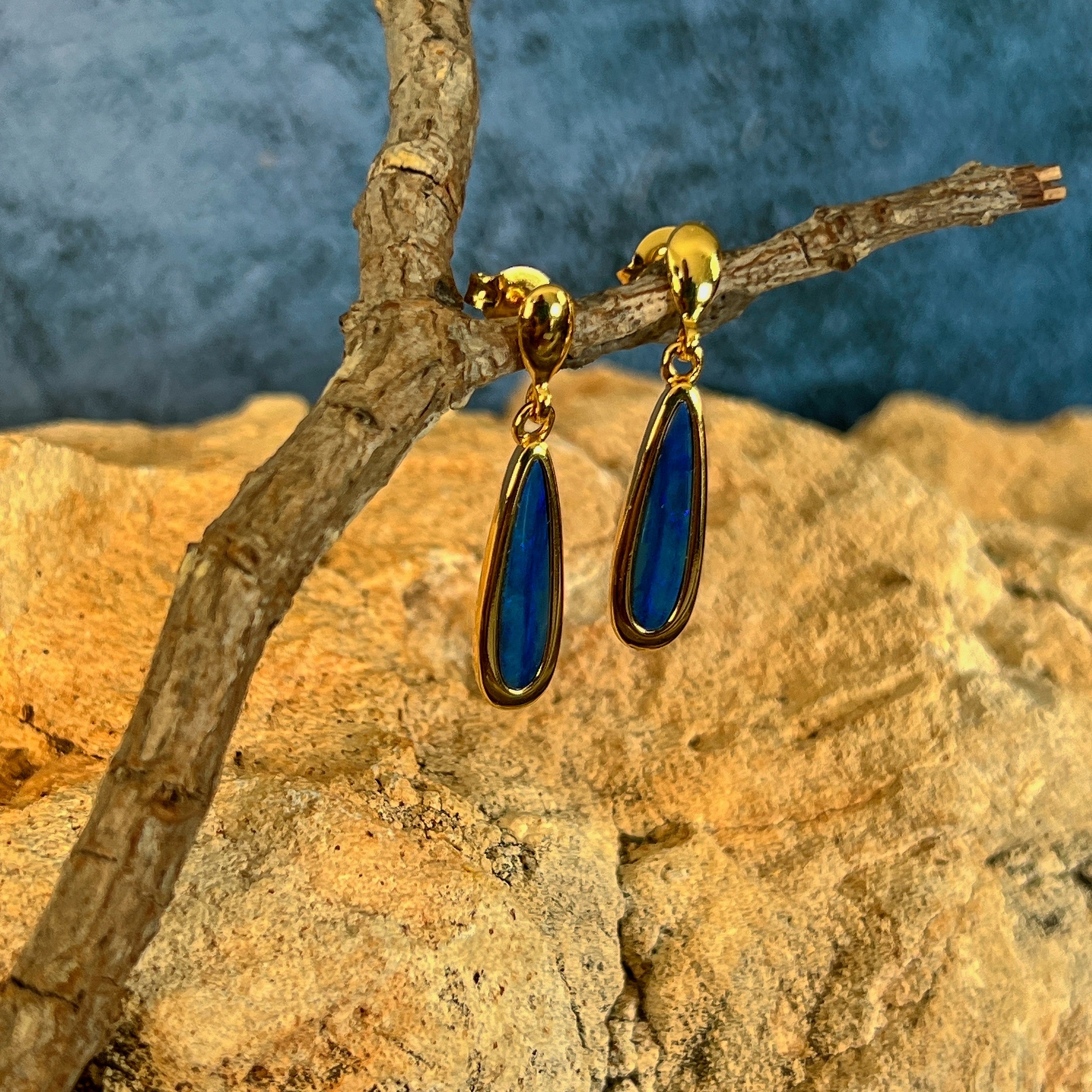 green and blue play-of-colour in 17 x 5mm pear-shaped Australian opal doublet earrings