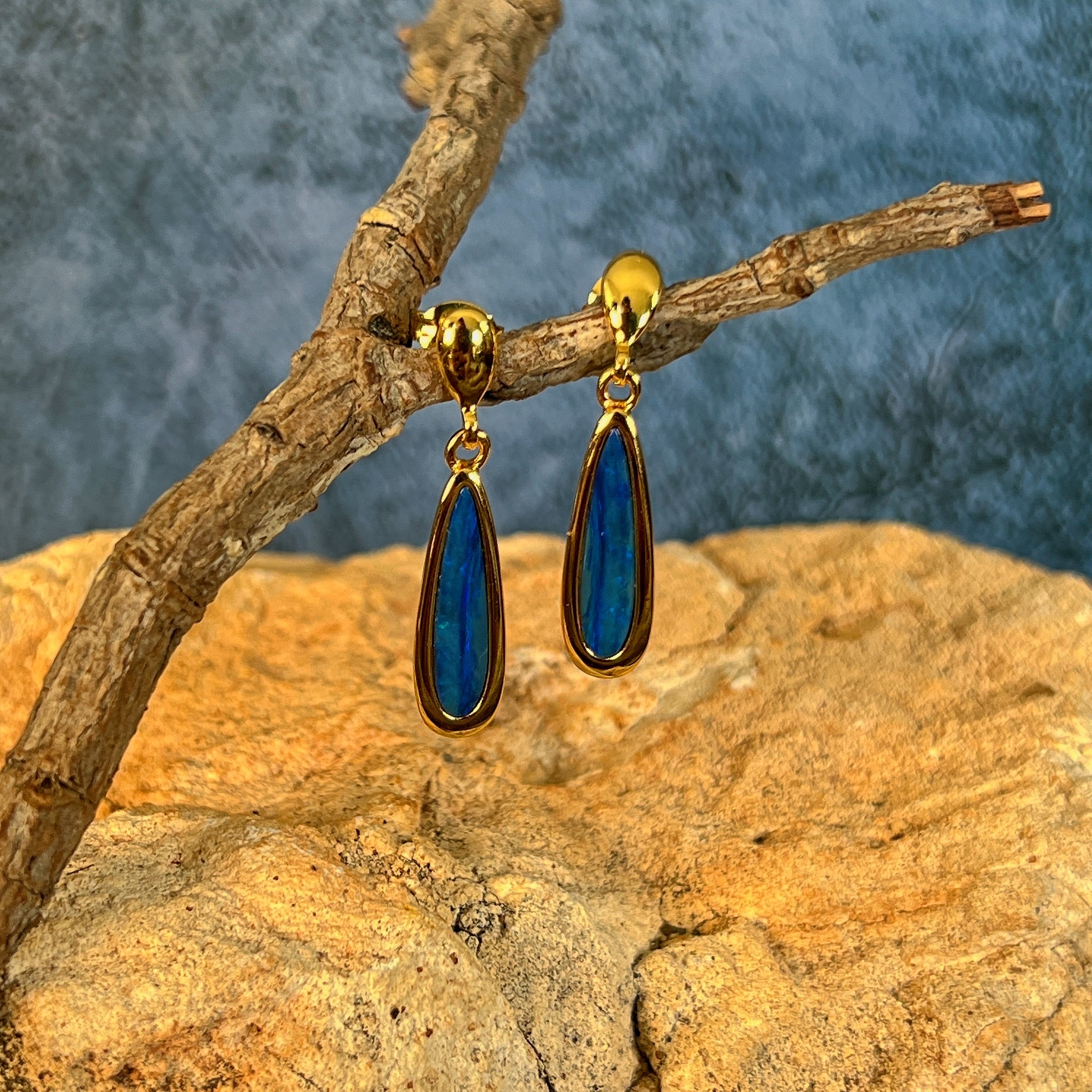 Australian opal doublet earrings, yellow gold-plated silver, 17 x 5mm stones showing green and blue