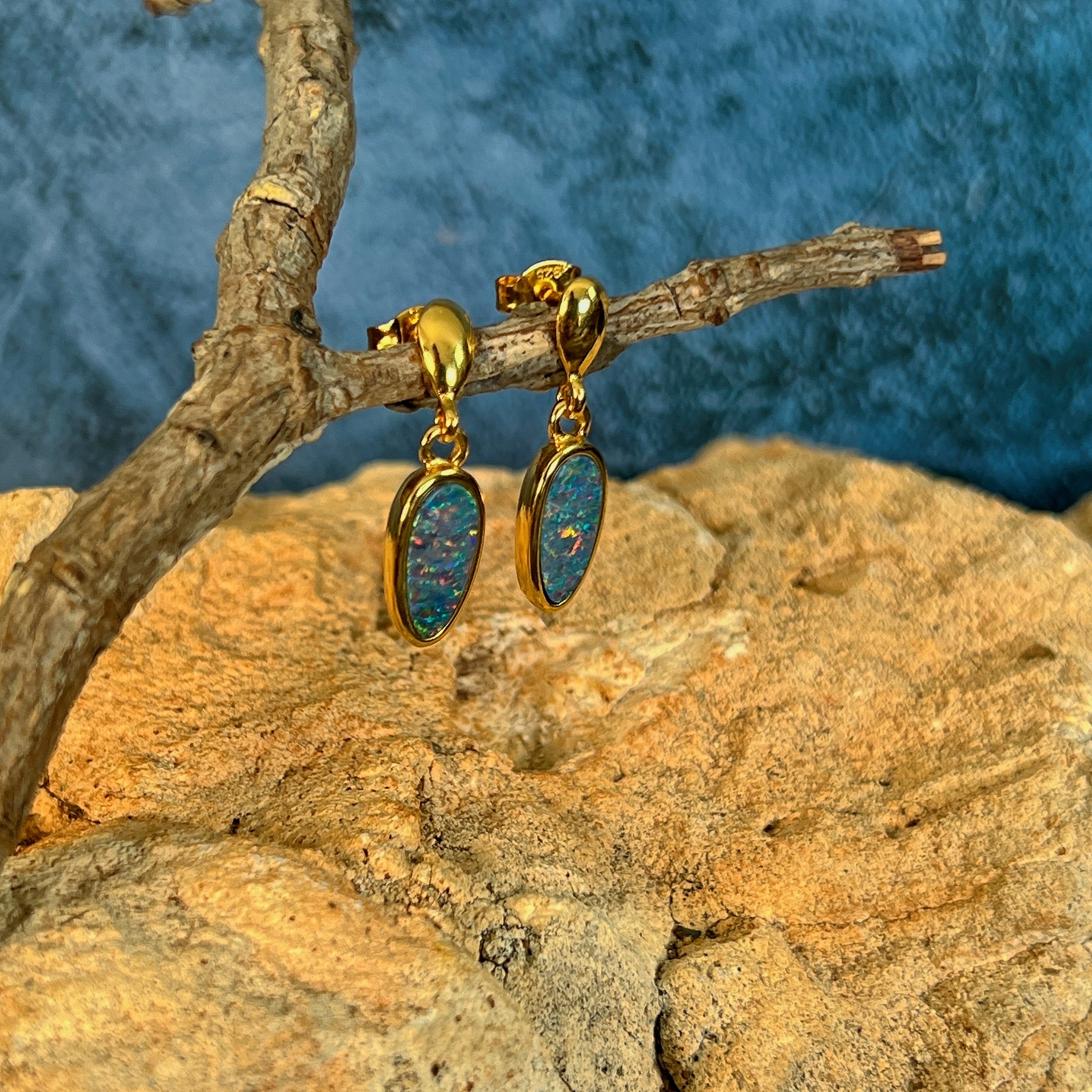 yellow gold-plated silver Australian opal doublet earrings with 11 x 6mm pear-shaped stones