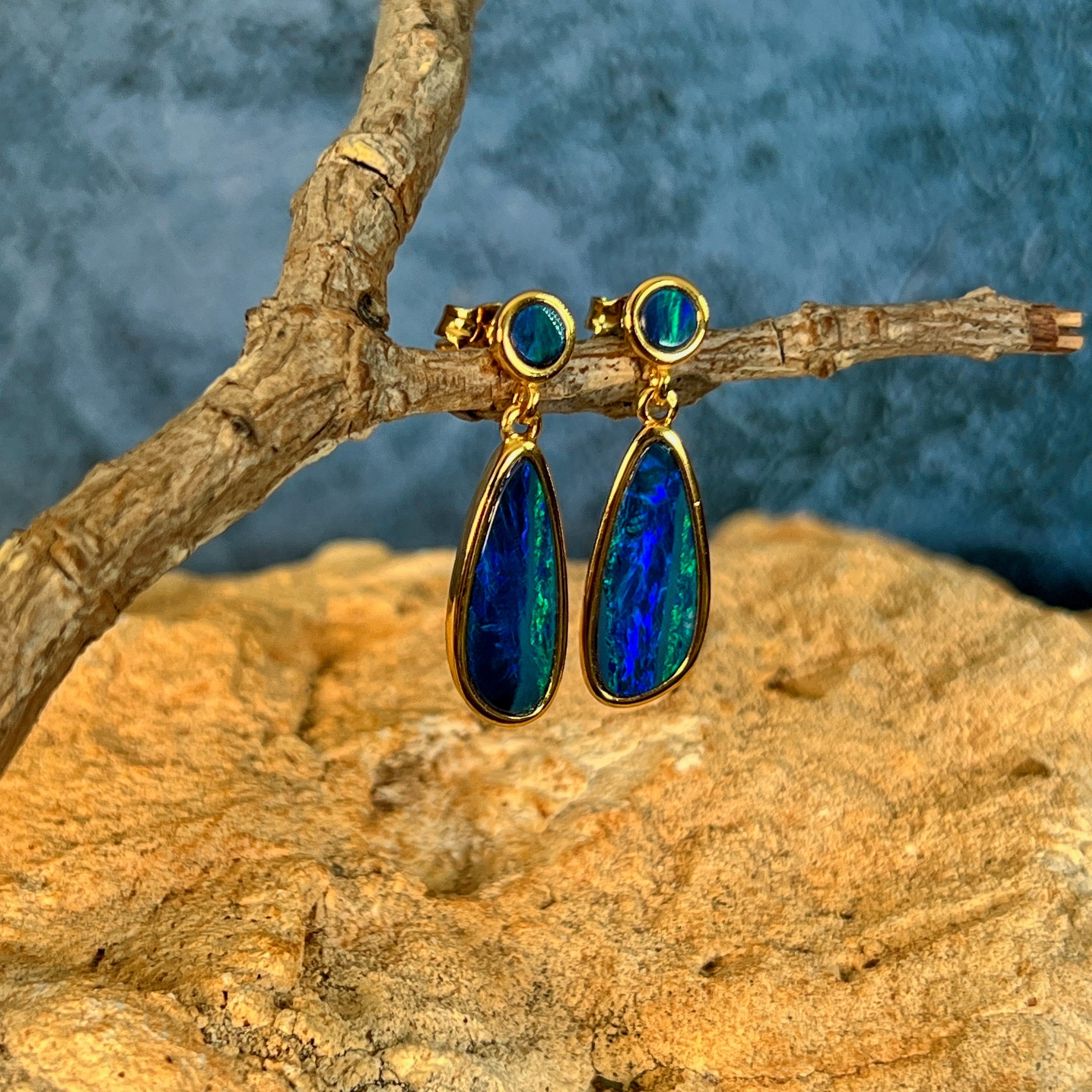 yellow gold-plated silver Australian opal doublet earrings with 16.5 x 7mm and 5mm round stones